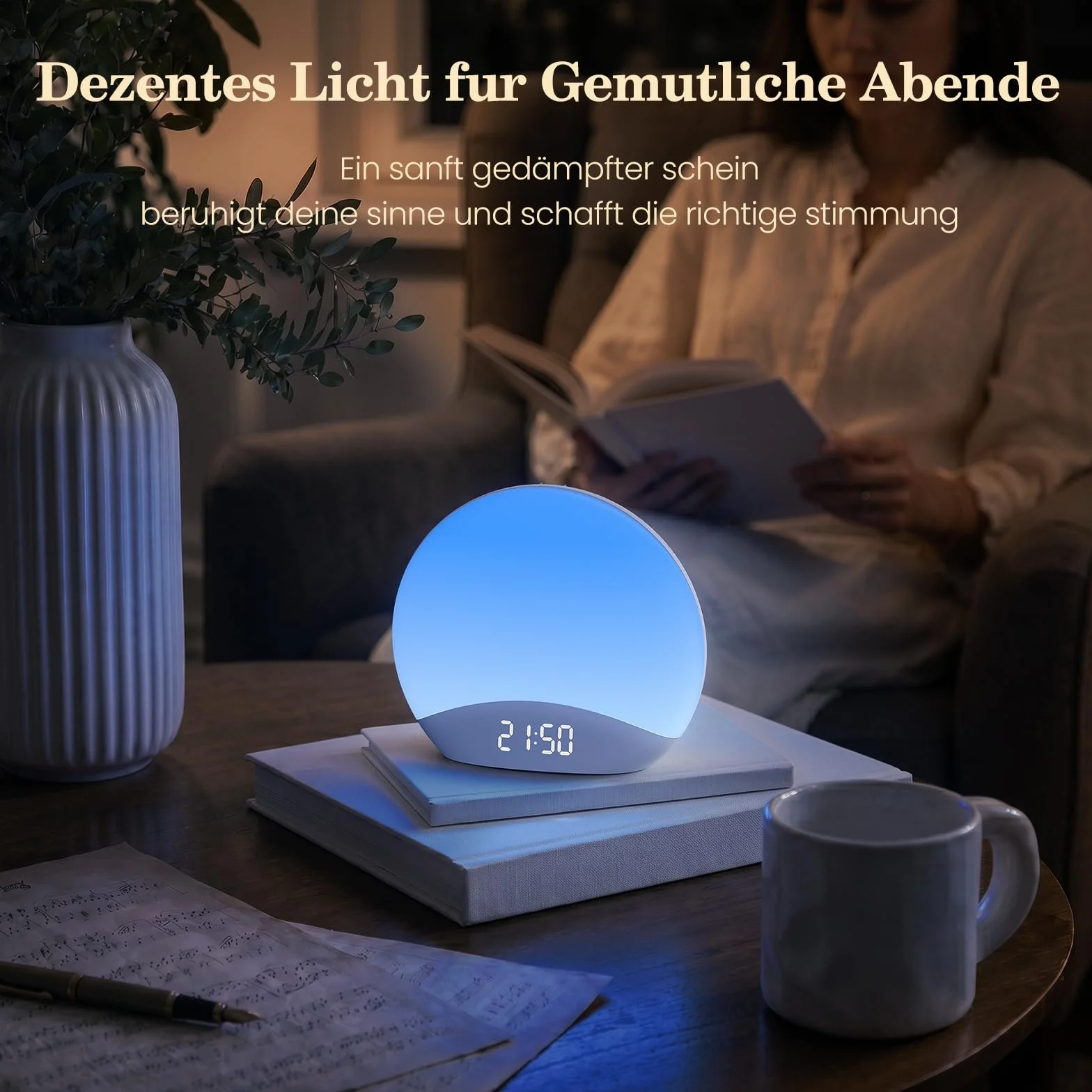 Réveil Lumière Simulant l’Aube avec Bruits Blancs, Lampe de Réveil Veilleuse Horloge Numérique Dimable 0–100%, 26 Sons Relaxants