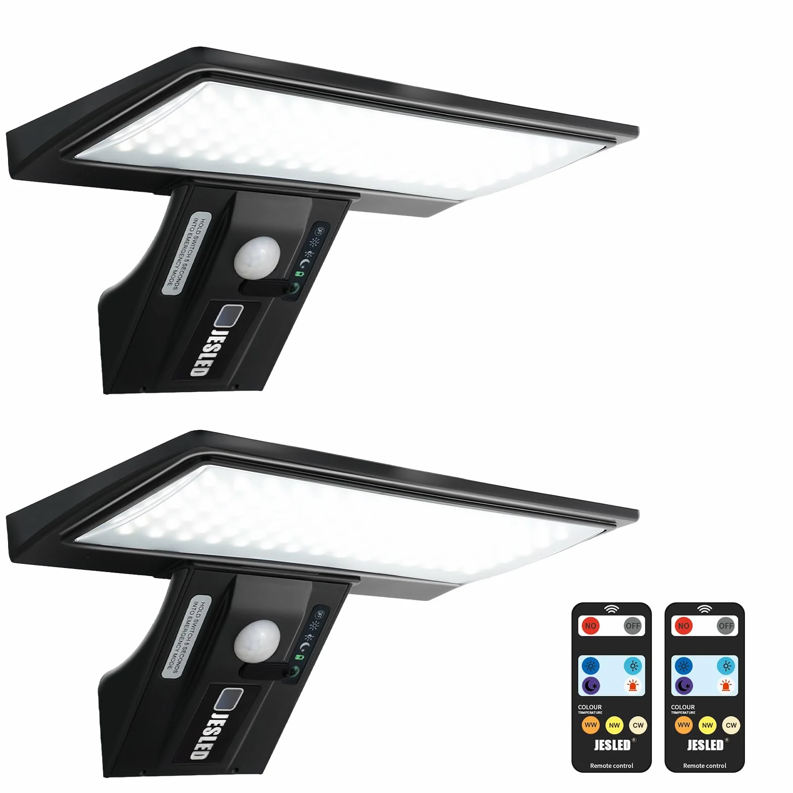 JESLED Lampe Solaire Exterieur 90 LED Detecteur Mouvement 2600mAh 4 Modes Projecteur Solaire 3000K-6000K 2 Paquet