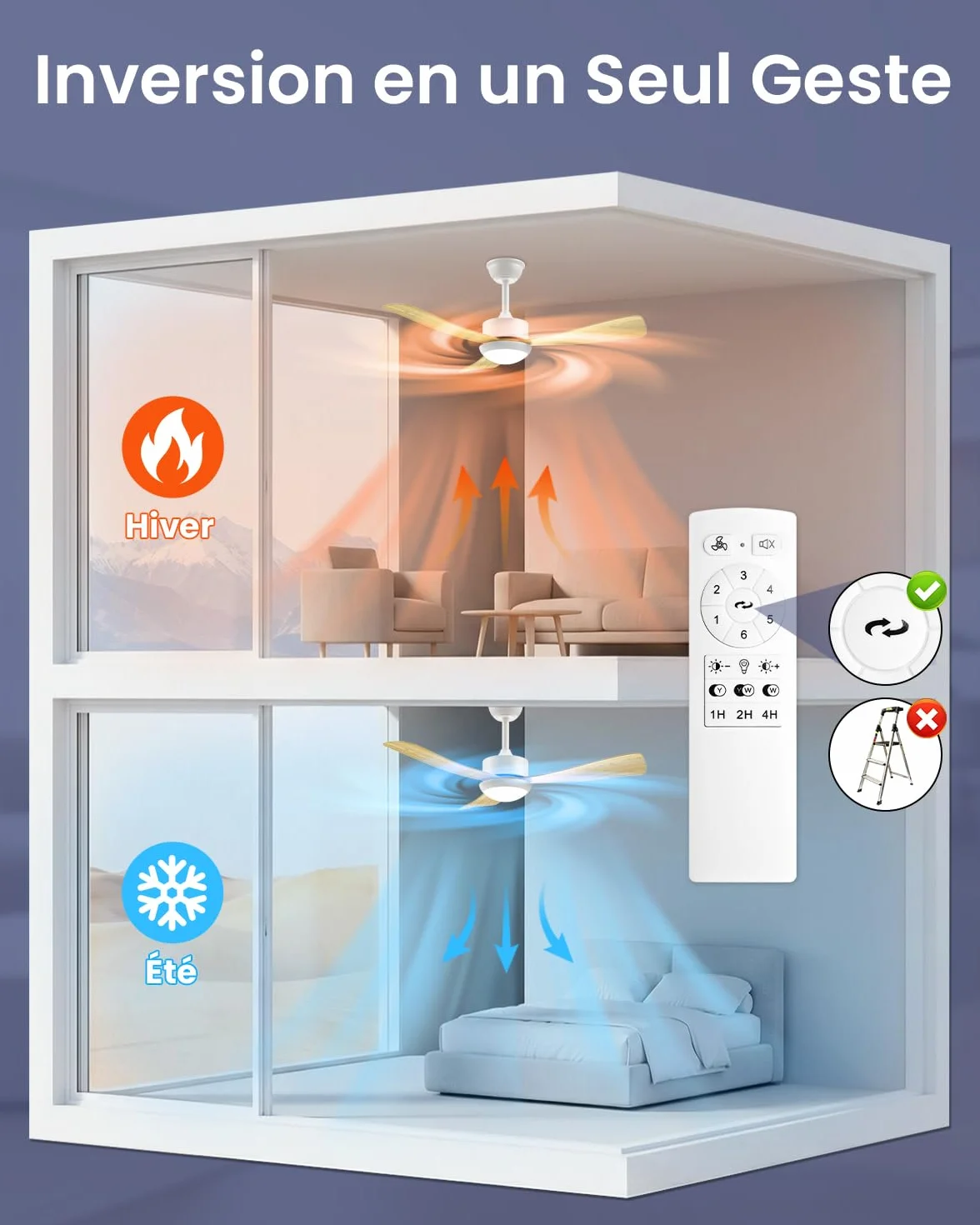 Airwit Ventilateur Plafond avec Lumière 106cm, Pales Bois, Silencieux, Télécommande, LED Dimmable, Moteur DC Réversible, 6 Vitesses
