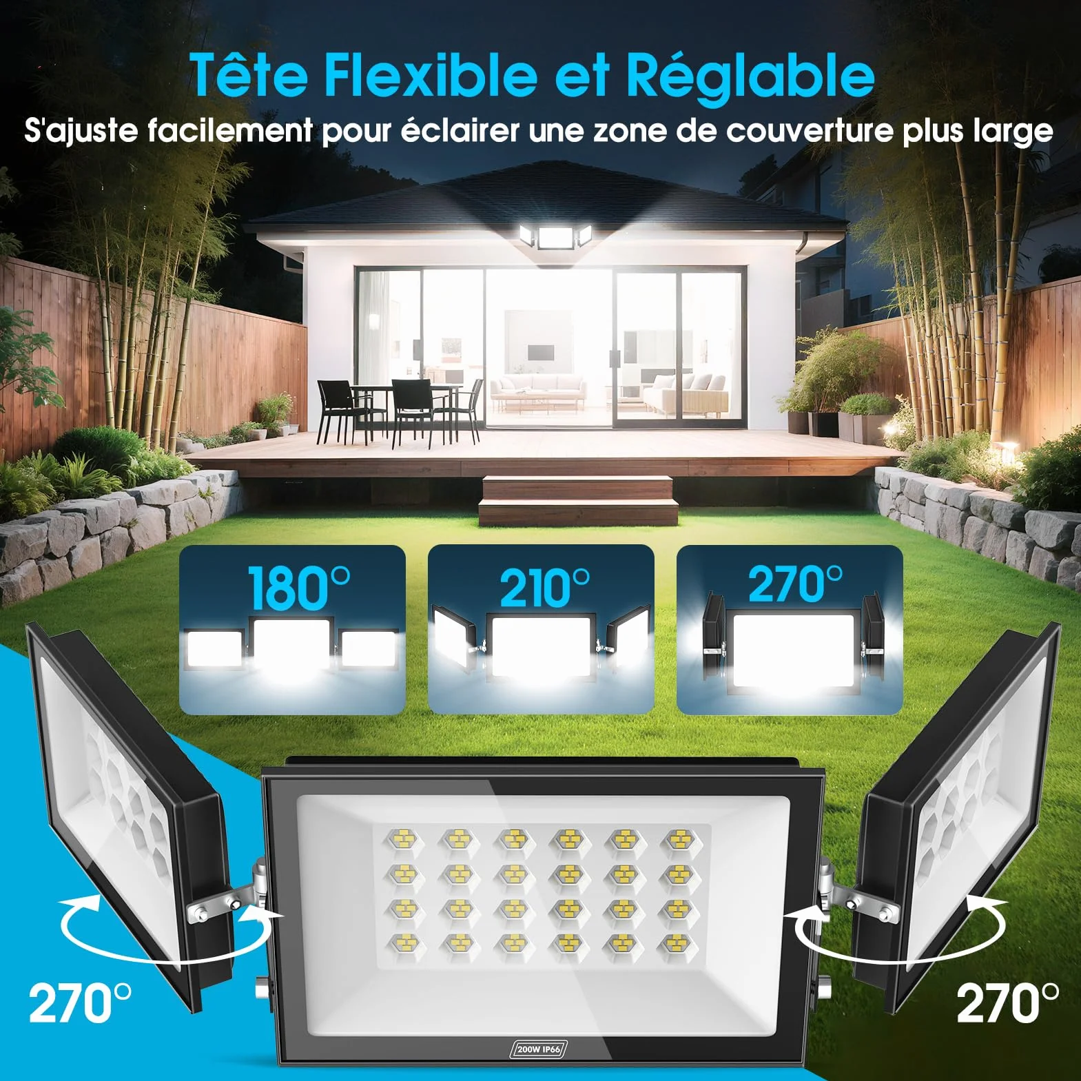 Projecteur LED Extérieur 200W 20000LM 6500K IP65 3 Têtes Réglables