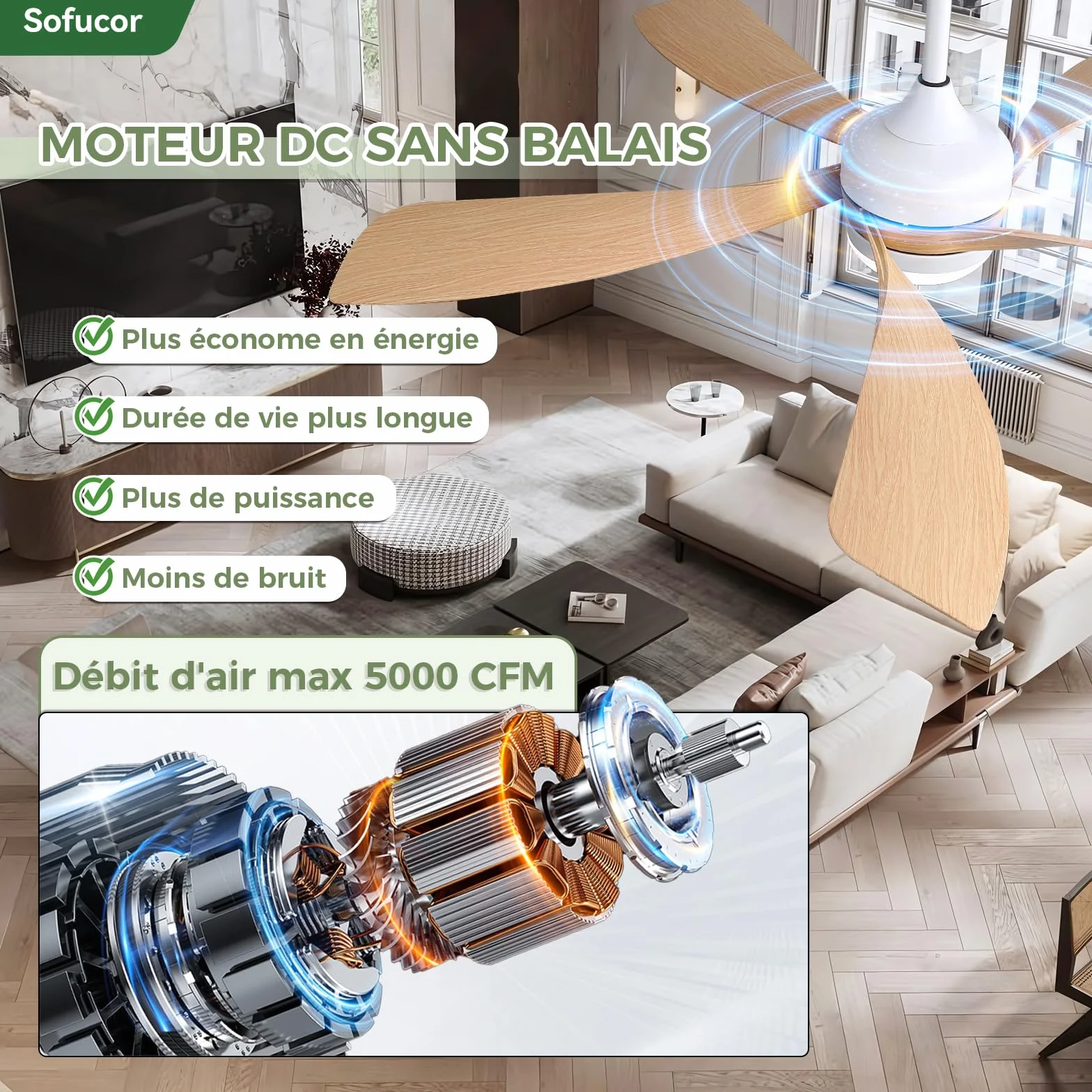 Sofucor Ventilateur Plafond avec Lumiere LED 132 cm Dimmable DC Silencieux Reversible 6 Vitesses Minuterie