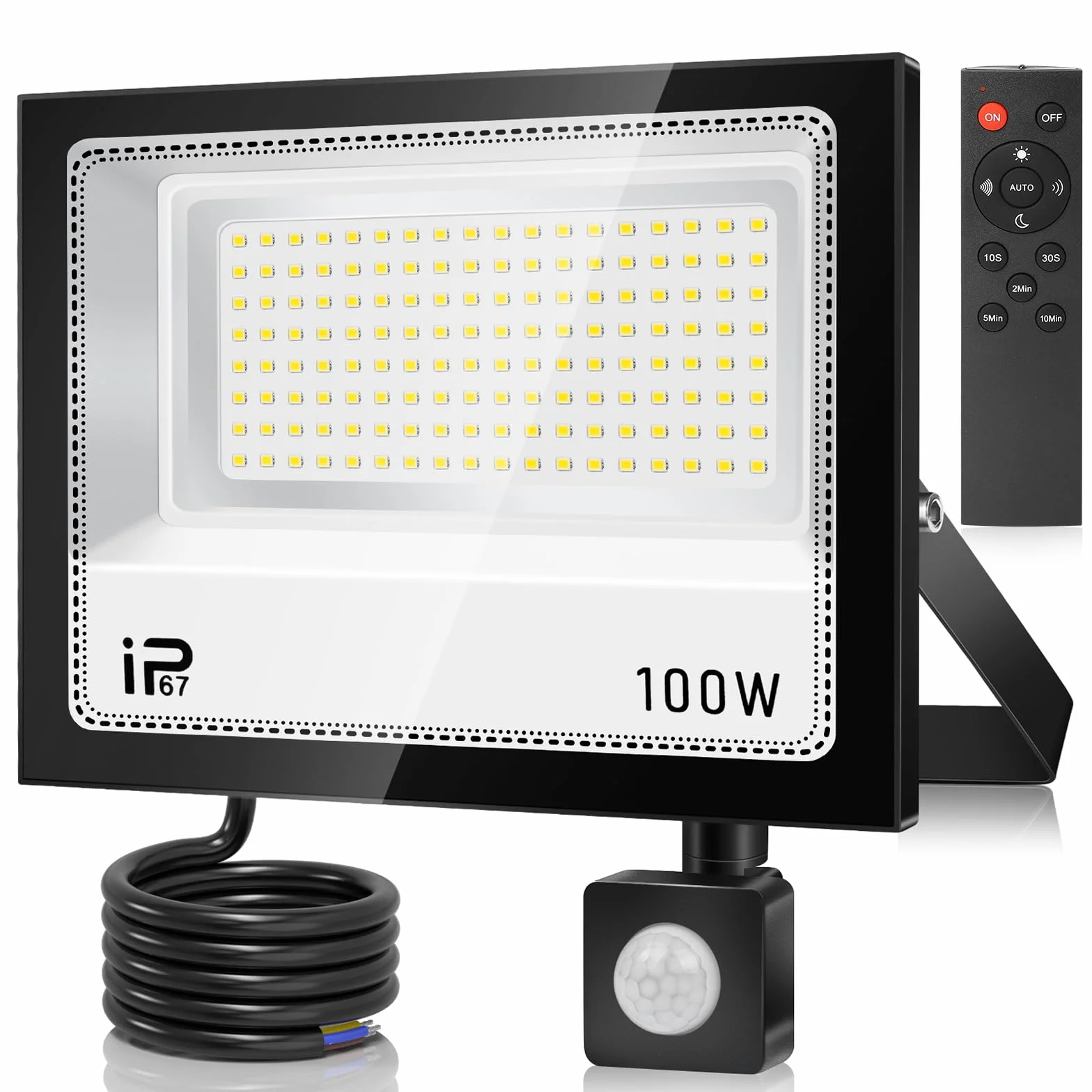 Projecteur LED 100 W extérieur 10 000 lm 7000 K IP67 avec détecteur de mouvement télécommande blanc froid