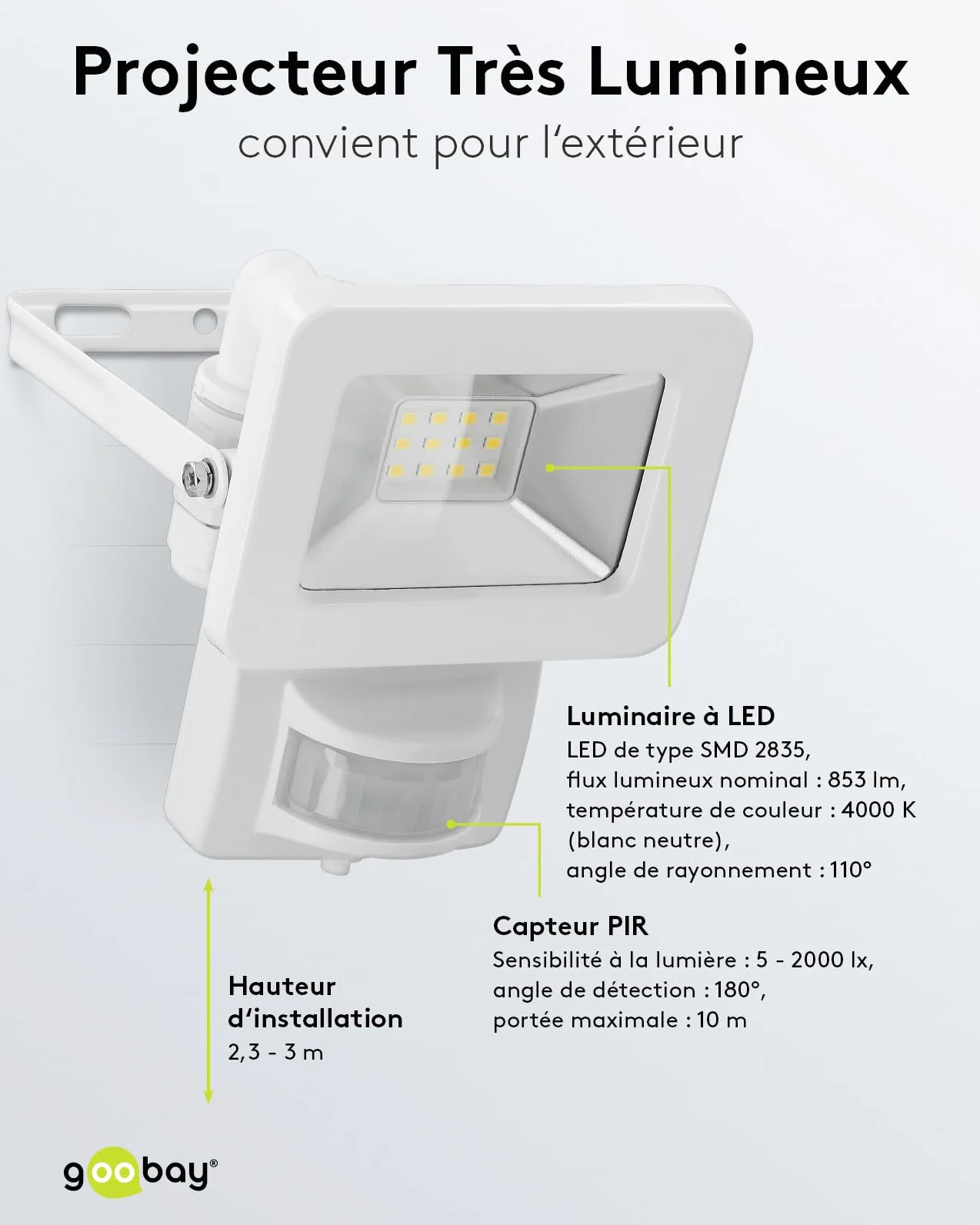 goobay Projecteur LED avec détecteur de mouvement 10 W 4000 K 850 lm IP65 Blanc