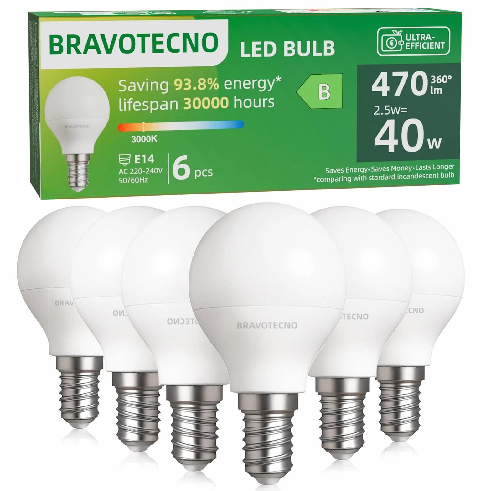 Ampoule LED E14 Blanc Chaud 3000K 2,5W 470LM G45 Équivalent 40W Angle 360° Lot de 6