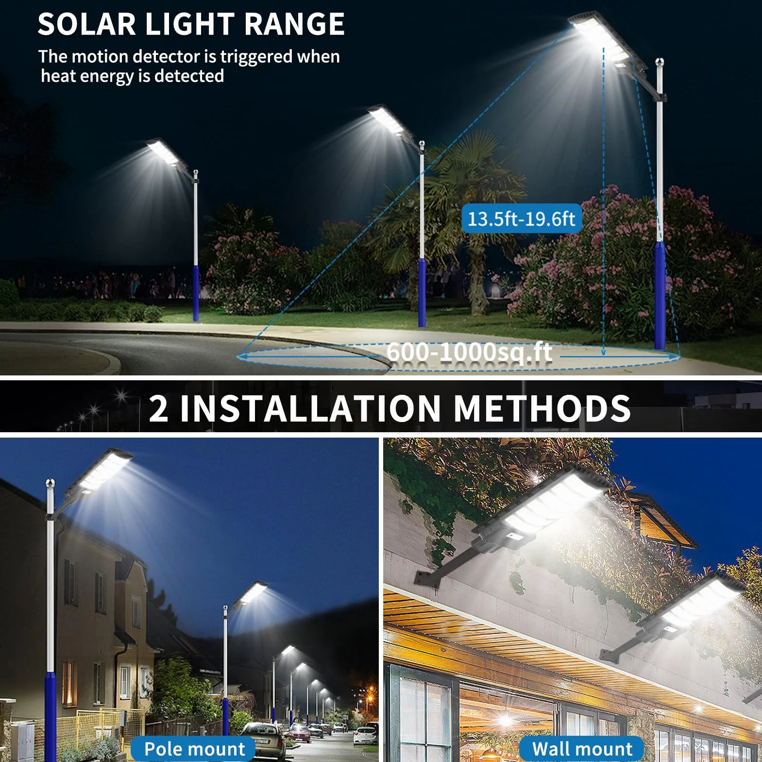 Viugreum 600W Réverbère Solaire Extérieur LED avec Détecteur de Mouvement IP65 6500K