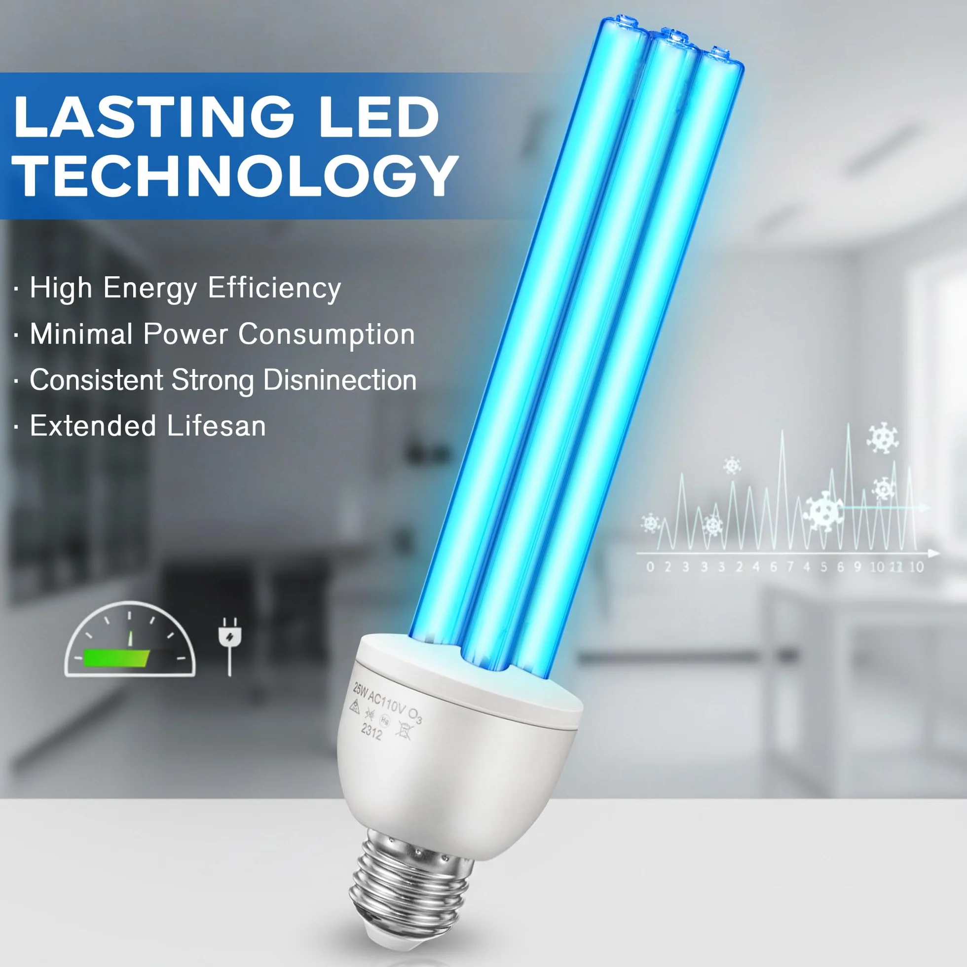 Lampe Germicide UVC 254nm 25W Enhon Ampoule UV Stérilisation 360° 500 Pi² E27 Ozone
