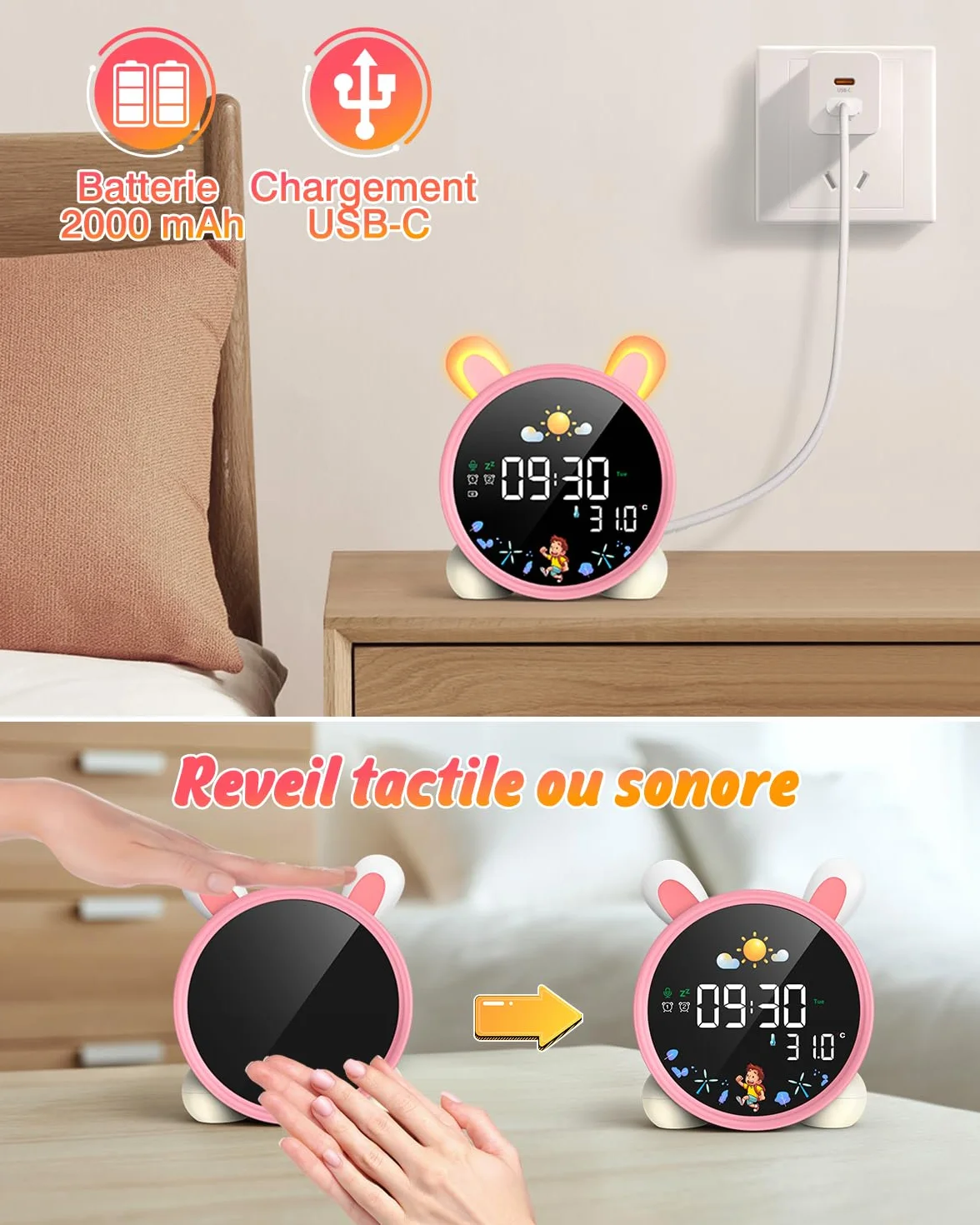LEMNOI Réveil Educatif Jour Nuit Enfant Chatte LED Lampe de Chevet avec Musique Double Alarme Température Fonction Snooze Lapin
