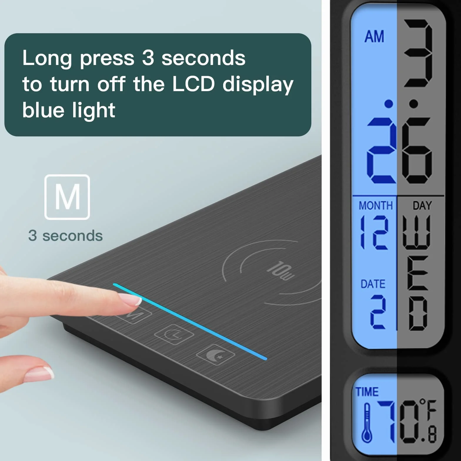 Lampe de Bureau LED Dimmable avec Chargeur Sans Fil 10W, Horloge, Veilleuse, Pliable