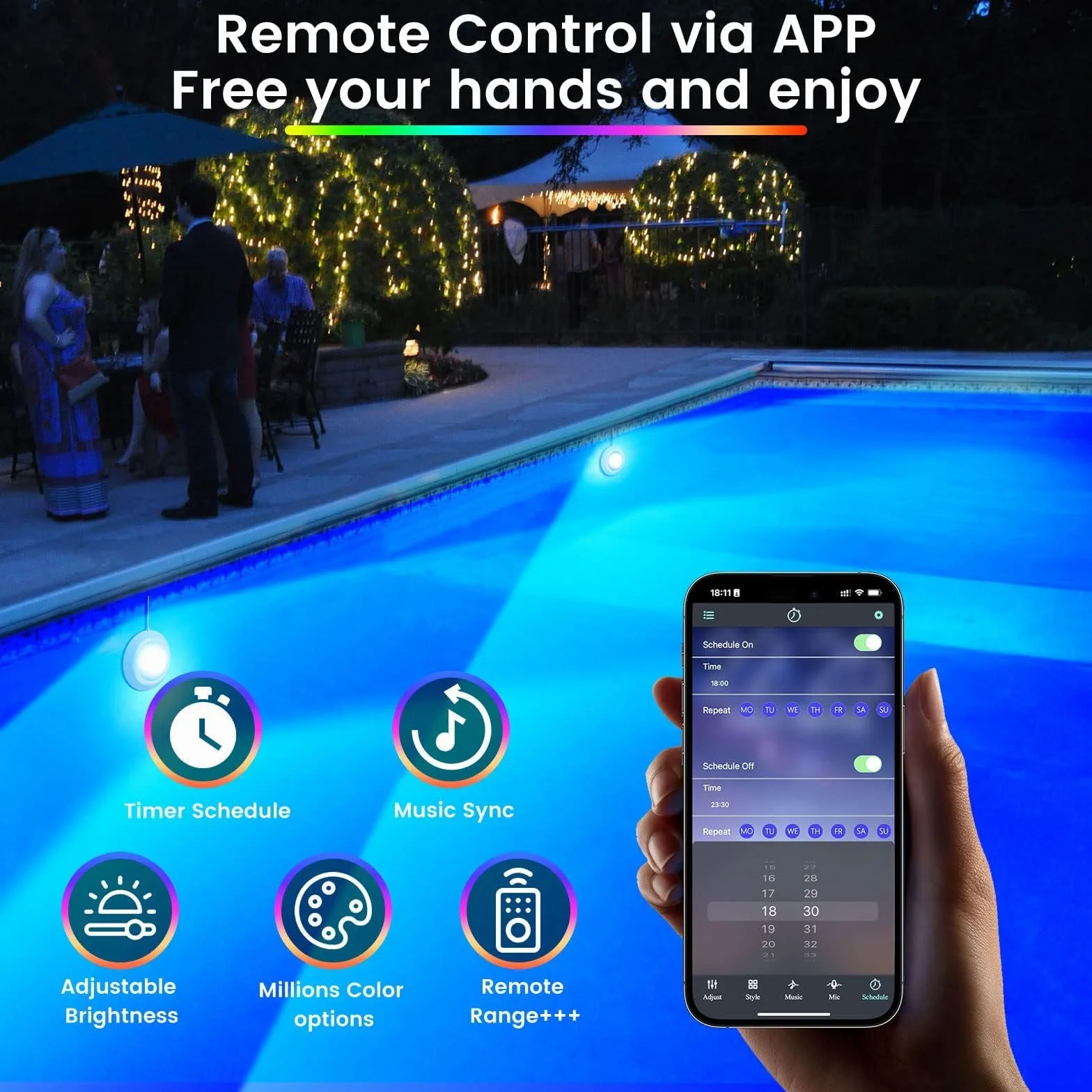 LyLmLe 20W Eclairage Piscine LED sans fil, 12V Lumières Piscine Submersible IP68, Dimmable avec Contrôle APP, 8m Câble