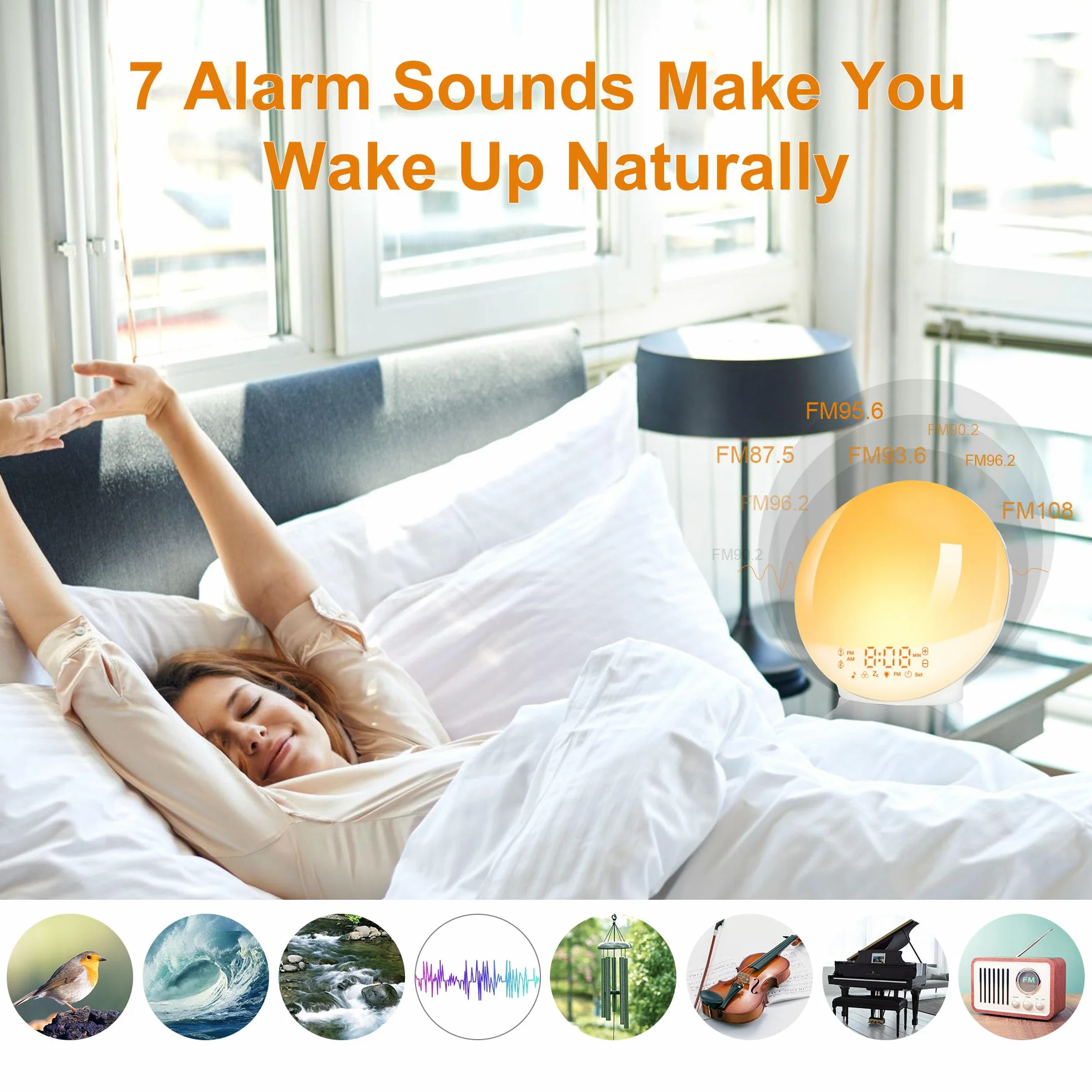 Eveil Lumière LED Radio Réveil Matin Lumineux Lampe de Chevet 20 Niveaux Luminosité Simulateur Aube Crépuscule 2 Réveils 7 Sons Naturels Snooze Veilleuse 11 Couleurs
