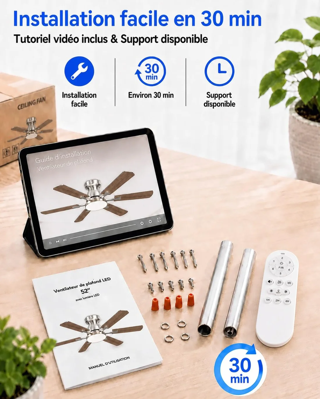 Airwit Ventilateur de Plafond 132 cm avec Lumière LED, Pales Double Face Bois & Argent, Moteur DC Réversible, Télécommande, 6 Vitesses