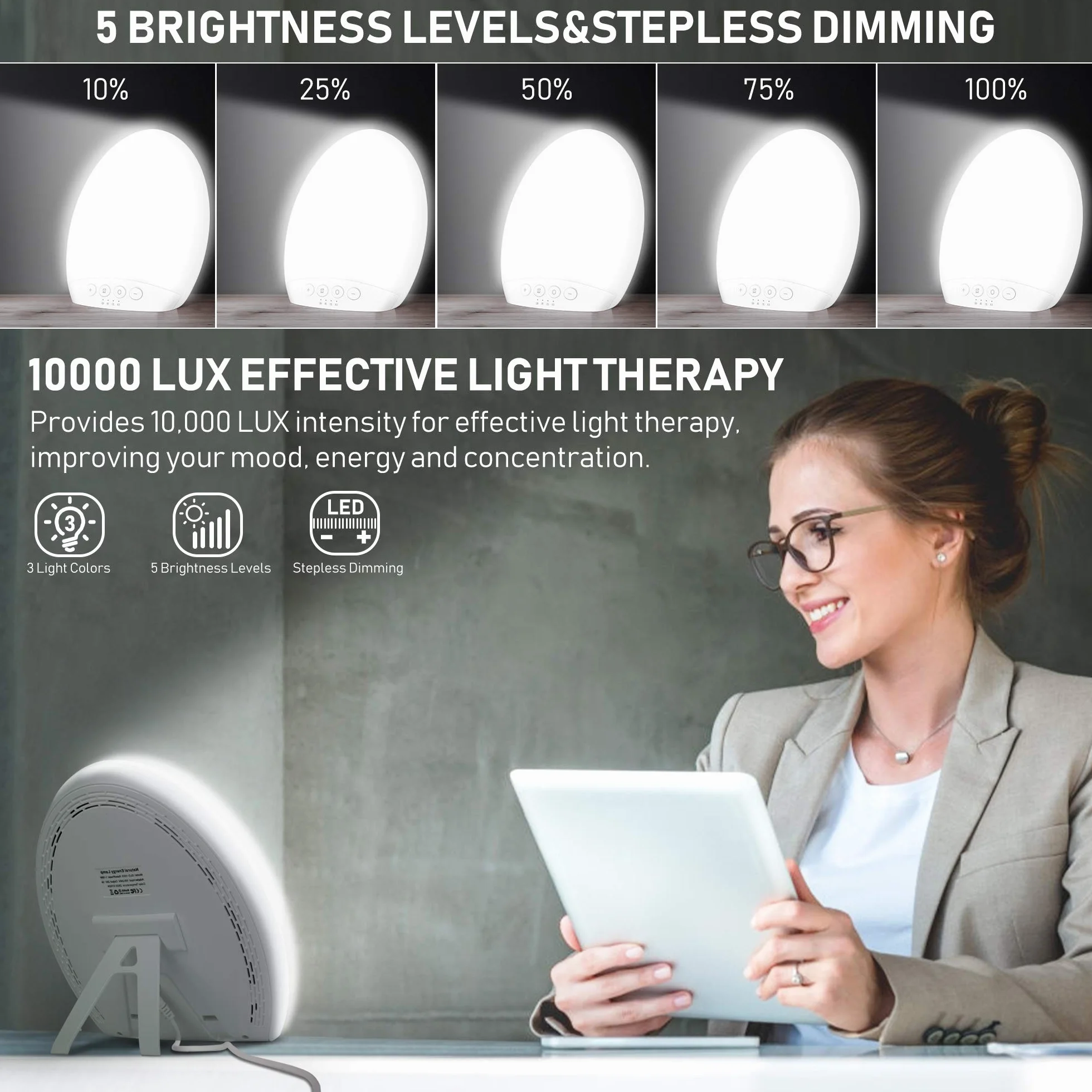 Lampe de luminothérapie 10000 Lux, LED sans UV, luminosité et température réglables, 4 minuterie, mémoire, maison ou bureau