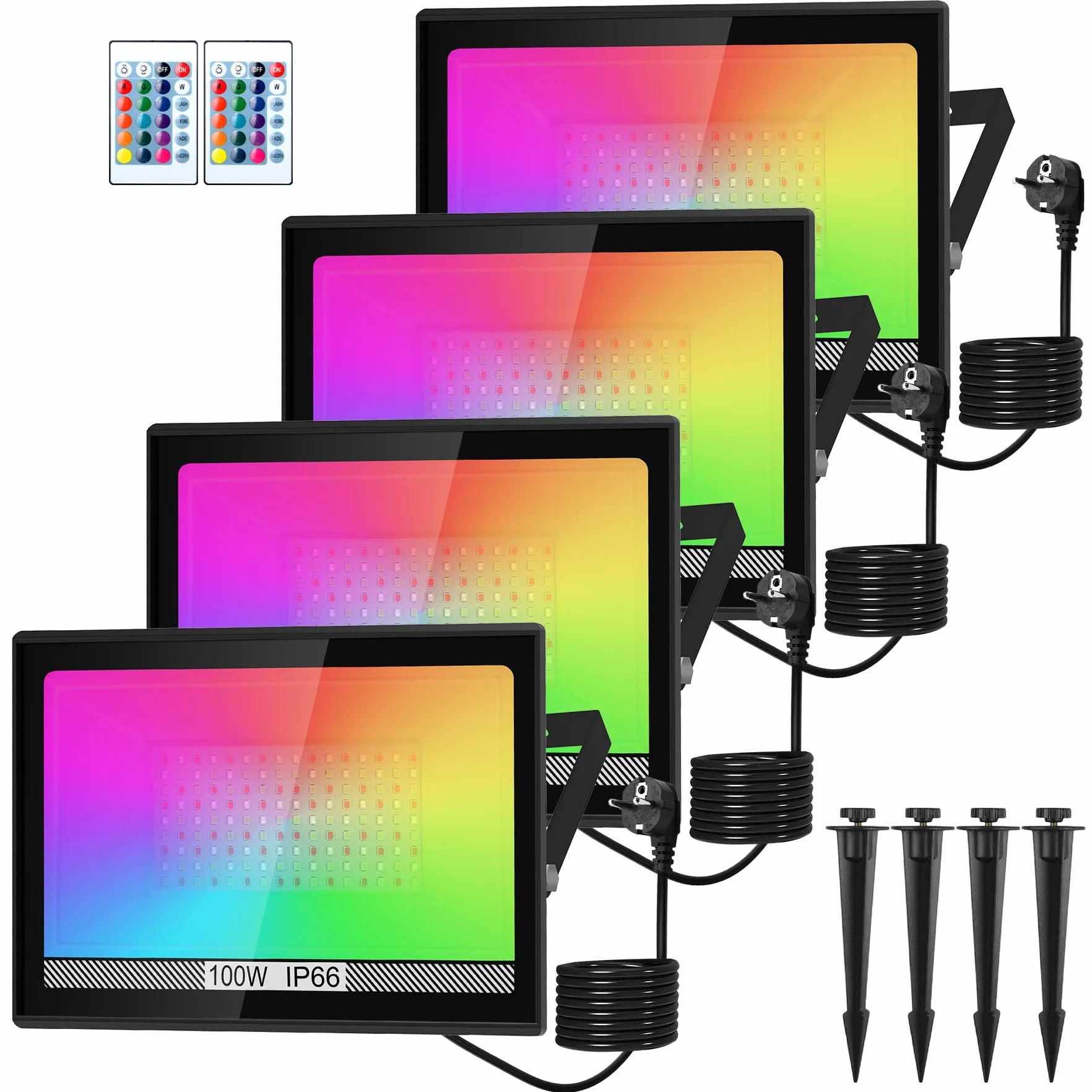 NATPOW Projecteur RGB LED Extérieur 100W IP66, Spot de Couleur avec Télécommande, 16 Couleurs 4 Modes, 4 Pièces