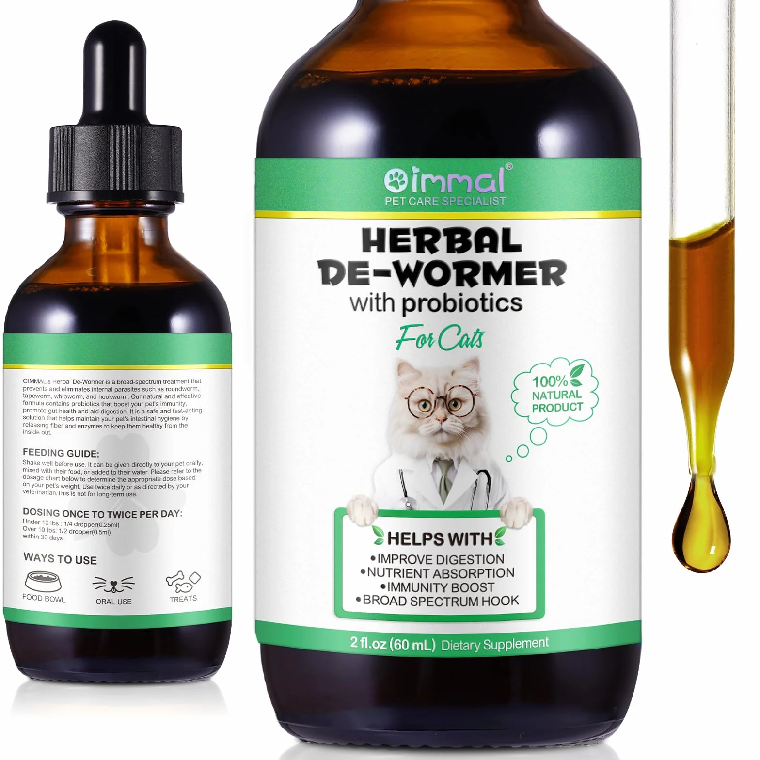 Vermifuge Liquide pour Chat 60 ML, Gouttes Vermifuges Naturelles à Base de Plantes, Favorise la Santé Intestinale