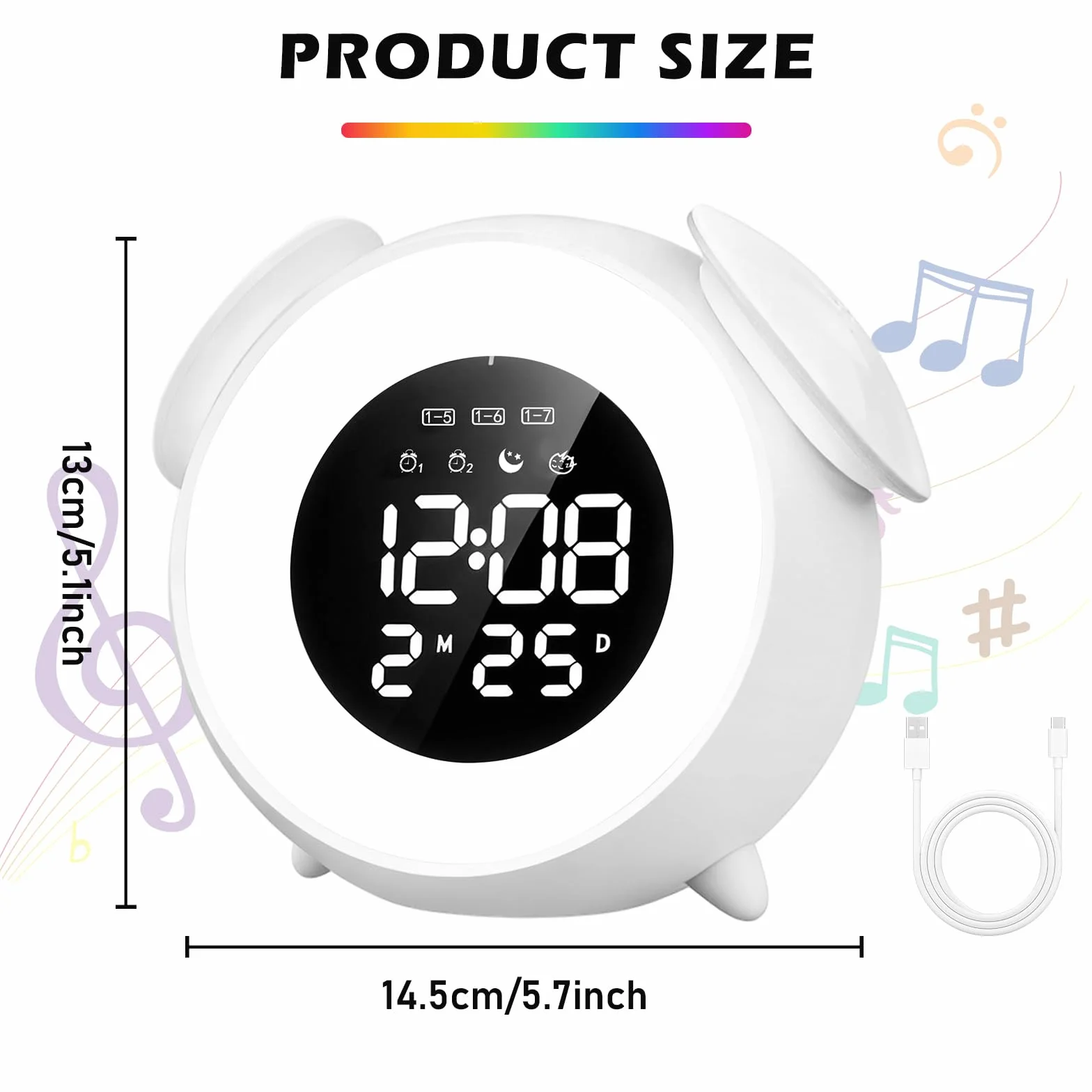 BORDEAG Réveil Enfants Entraîneur Sommeil Veilleuse 15 Couleurs Snooze Double Alarme 12/24