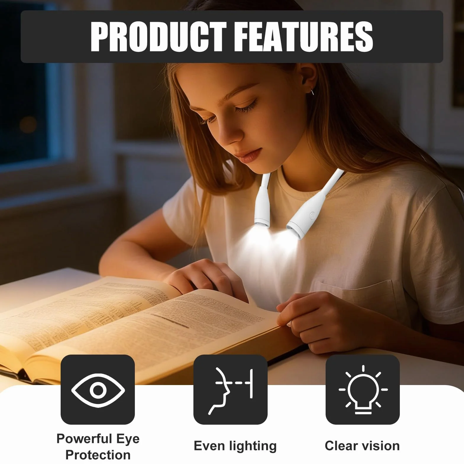 Lampe de Cou LED Rechargeable USB, Bras Flexibles 360°, 3 Couleurs 9 Niveaux Luminosité