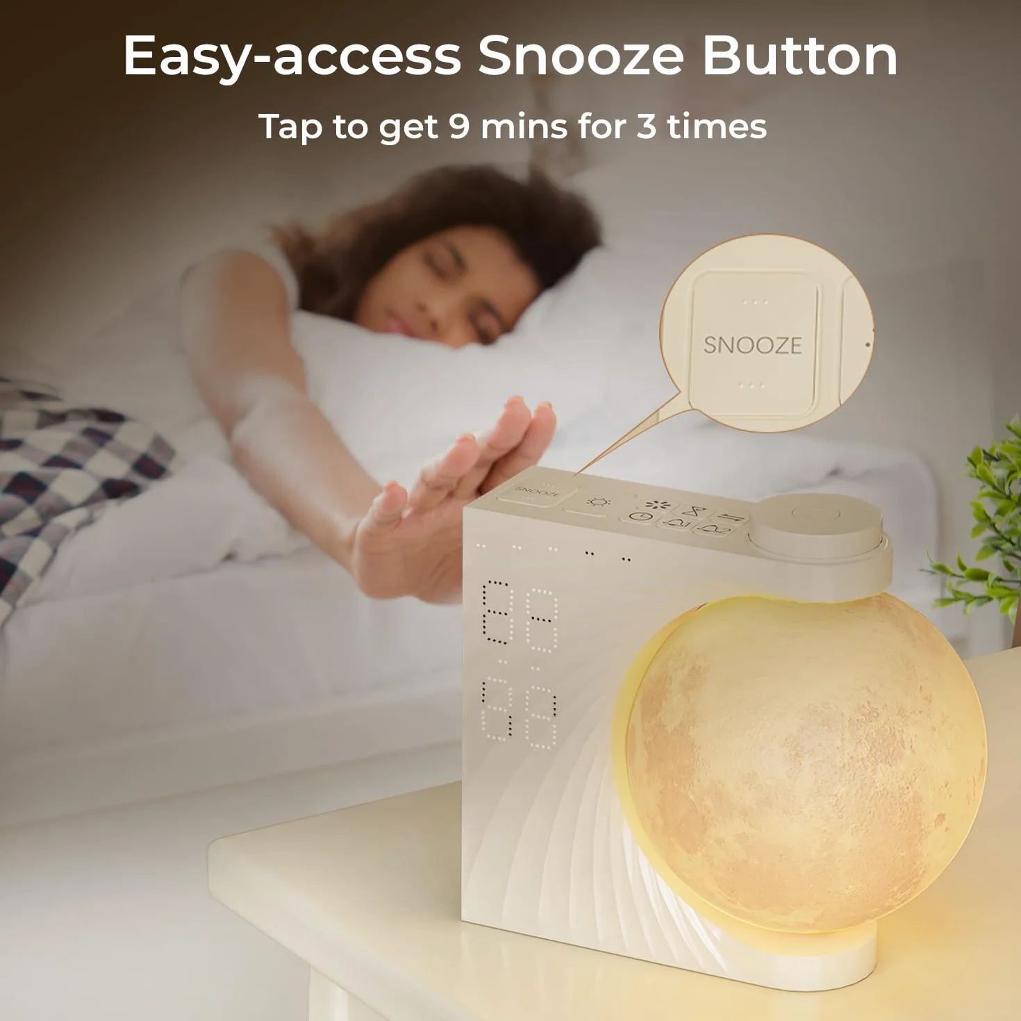 Lampe de Lune avec Réveil Lumineux LED 8 Couleurs, Machine Sonore, Double Alarme, Snooze, 10 Sons Nature