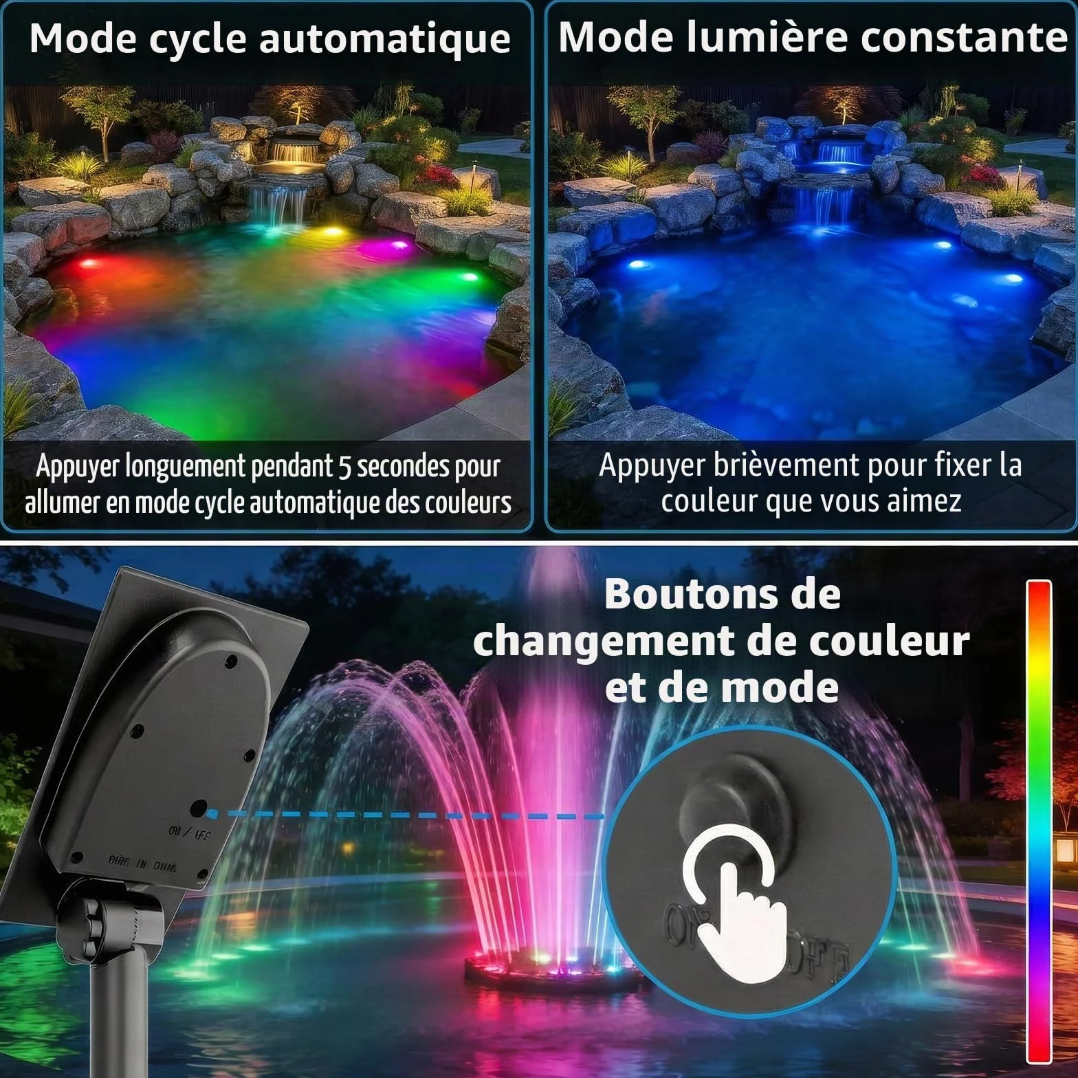 Lampe de Bassin Solaire 5 Packs Projecteurs LED Submersibles IP68 Étanche RGB Changement Couleur