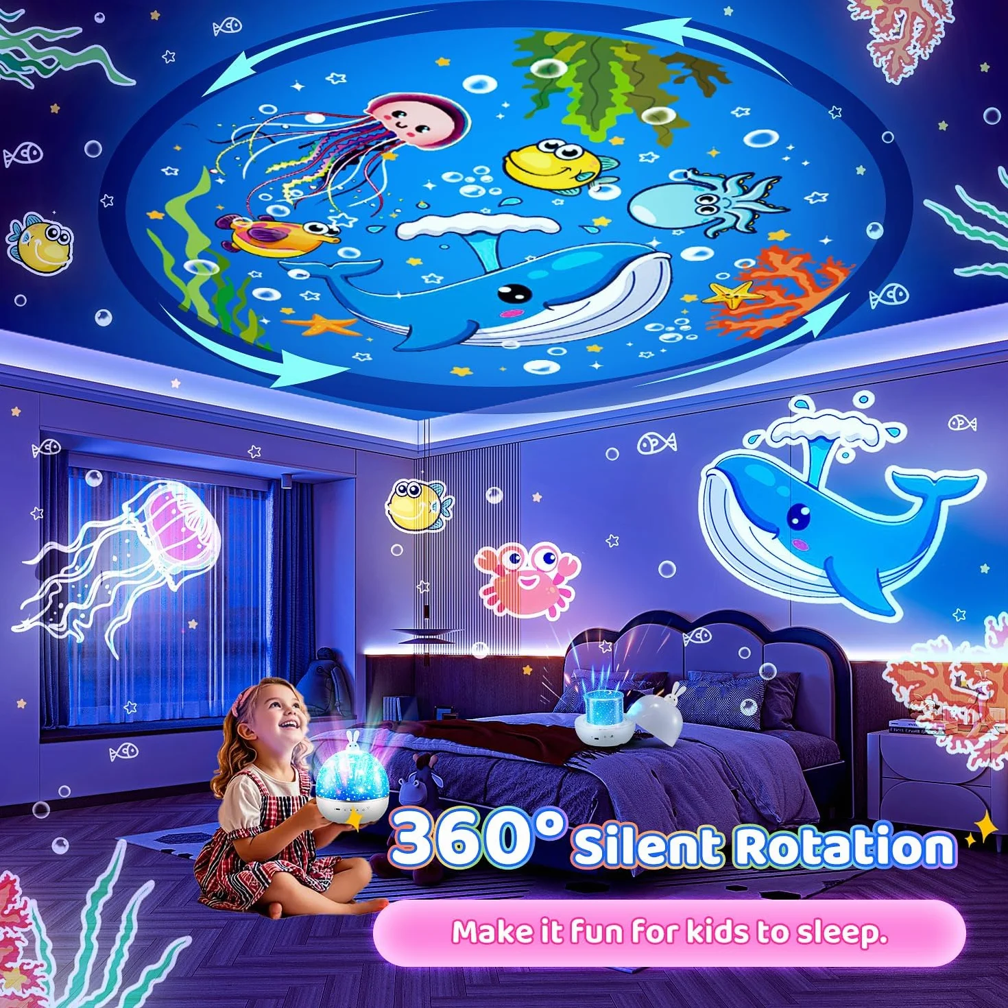 Veilleuse Bébé Projecteur Ciel Étoilé Bluetooth Musicale 360° Rotation Télécommandé