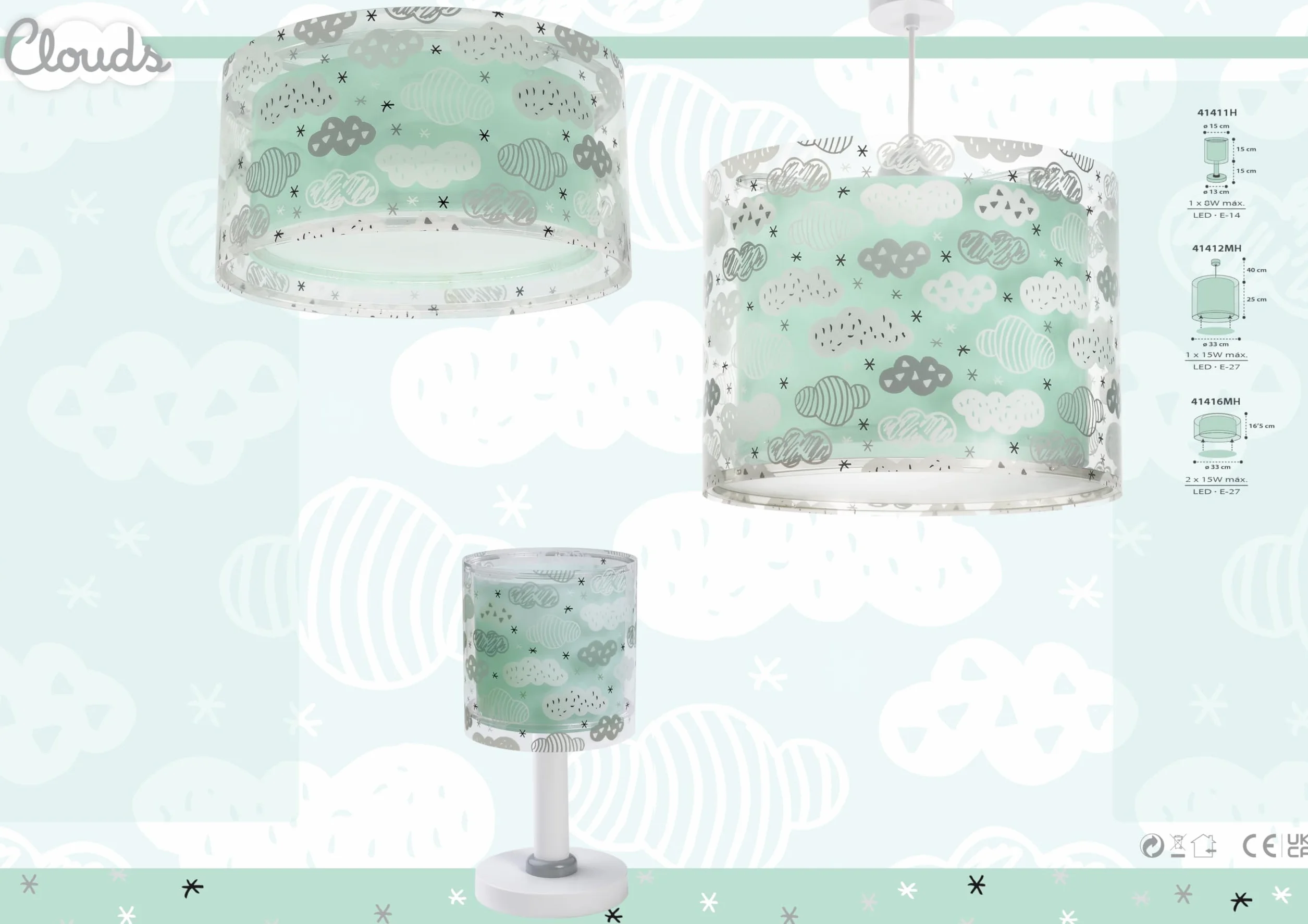 Dalber Lampe Suspension Plafonnier Enfants Nuages Vert E14