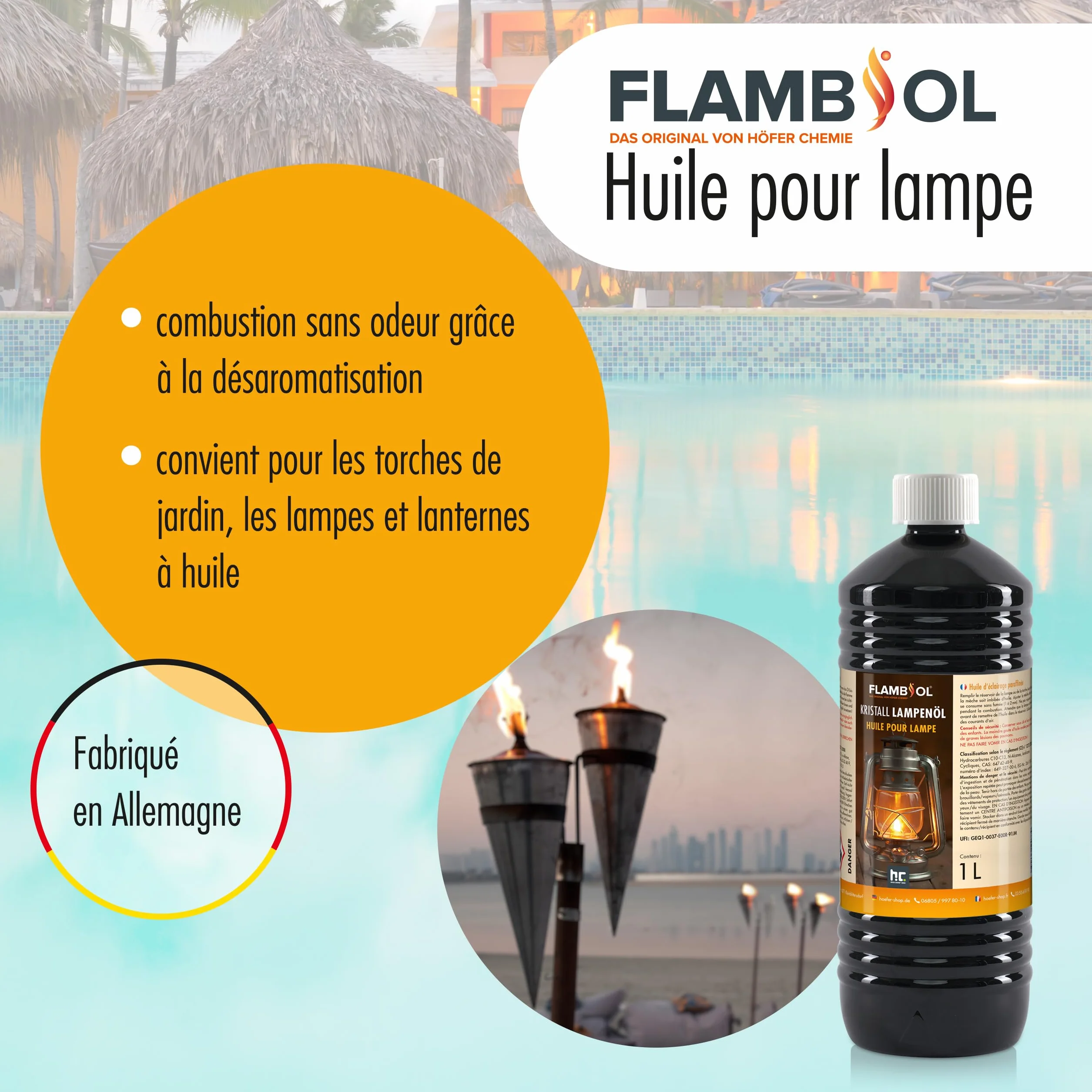 FLAMBIOL® Huile pour Lampe 1 L - Pour Lampes à pétrole, Lampes à Huile et Torches