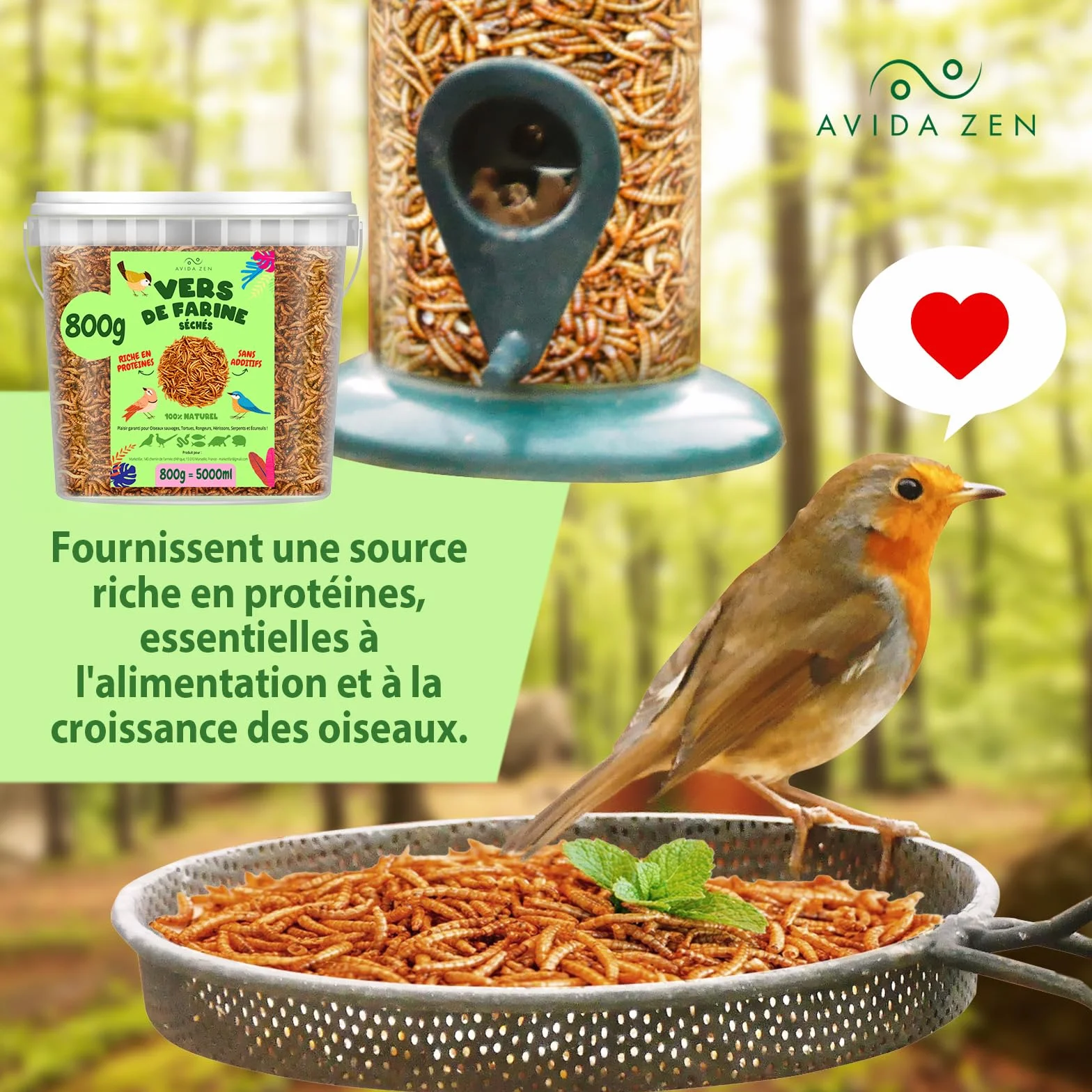 AVIDA ZEN Vers de Farine Séchés 800g - Friandises Naturelles pour Poissons, Oiseaux, Tortues, Rongeurs et Reptiles