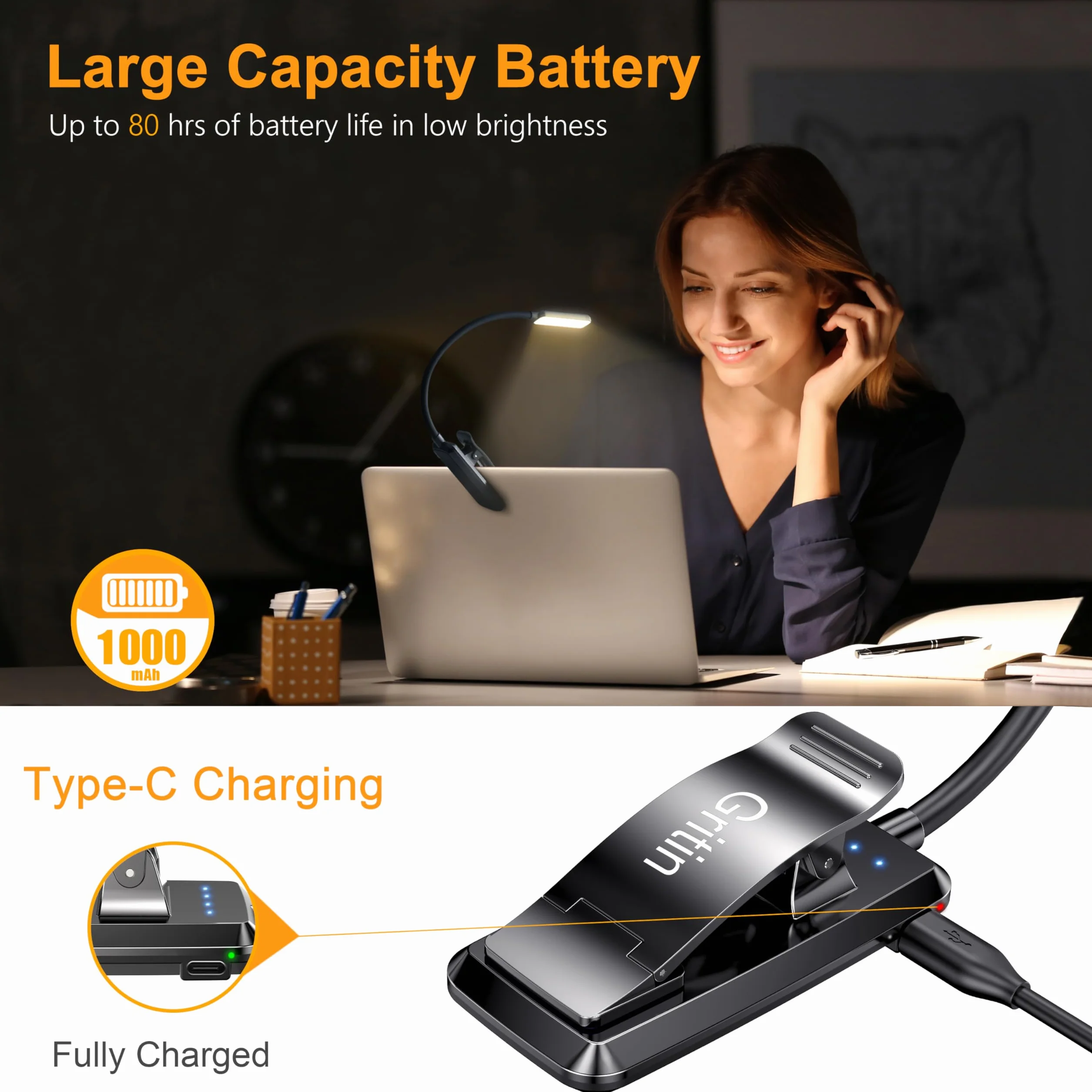 Gritin Lampe de Lecture Rechargeable 9 LED Liseuse Clip Gradation Progressive 3 Modes Protection des Yeux 360° Cou Flexible