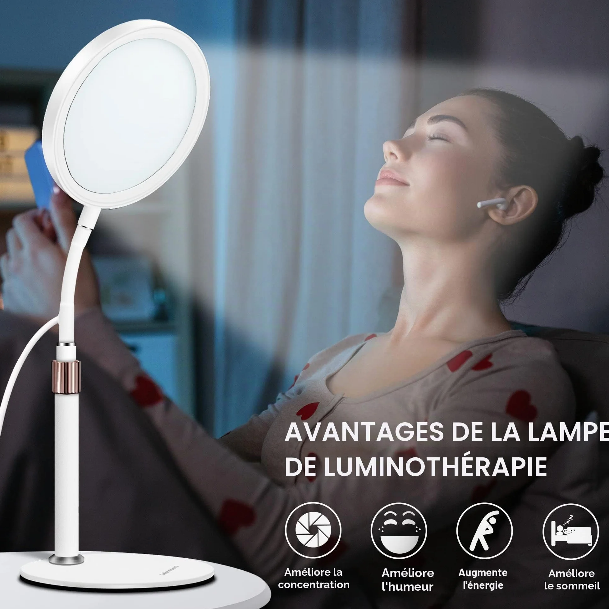Lampe Lumière du Jour 10000 Lux, Lampe de Bureau avec Col de Cygne 360°, 3 Couleurs, 9 Luminosités, Minuterie 15/30/45 Min (Blanc)