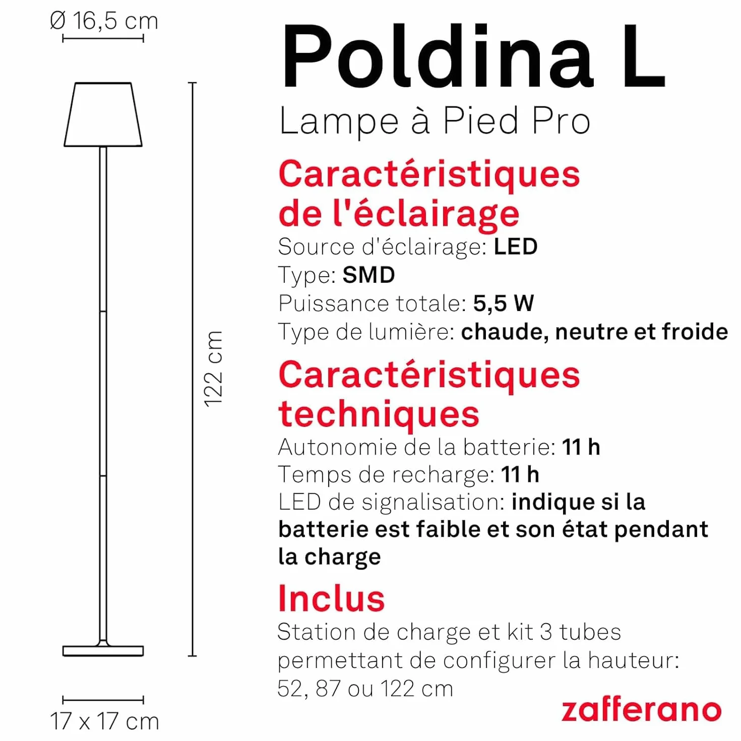 Zafferano Lampada Poldina L Lampadaire Rechargeable Sans Fil Contrôle Tactile Dimmer 2200-3000 K Hauteur Réglable 52-122 cm Couleur Corten