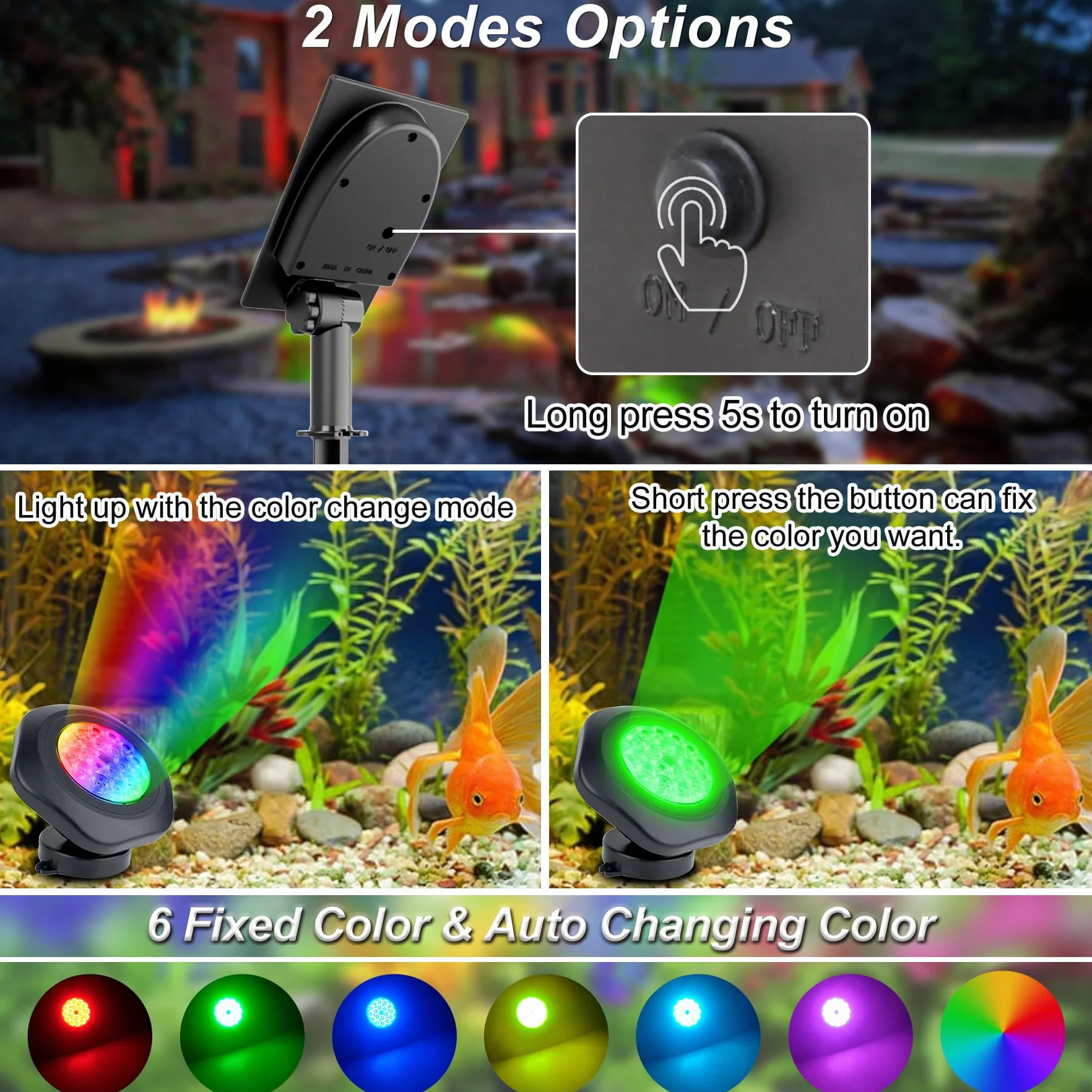 NATPOW Lampe Solaire de Bassin RGB 5.5V IP68 Étanche 6 Couleurs 3 en 1