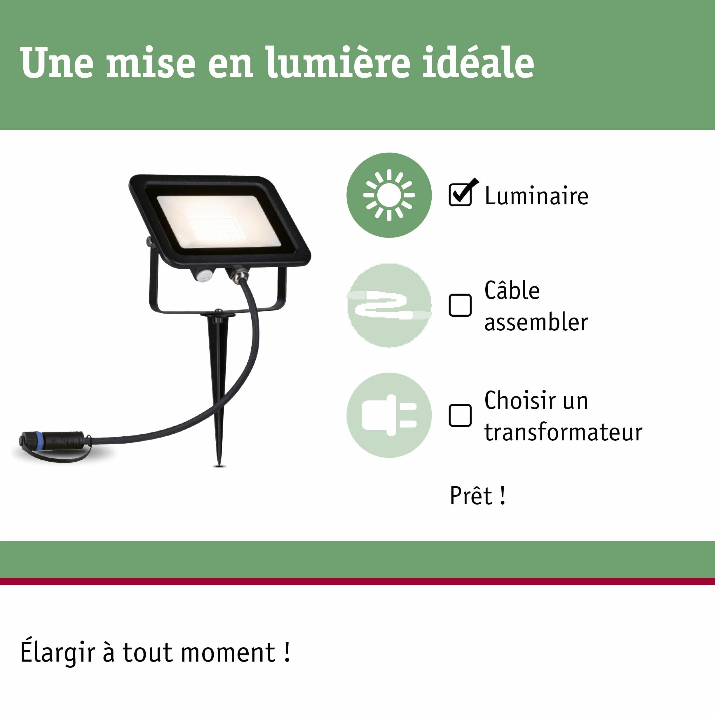 Paulmann Plug & Shine Lampe d'extérieur LED Projecteur de jardin IP65 Blanc chaud 15,5 W Noir Aluminium 3000 K