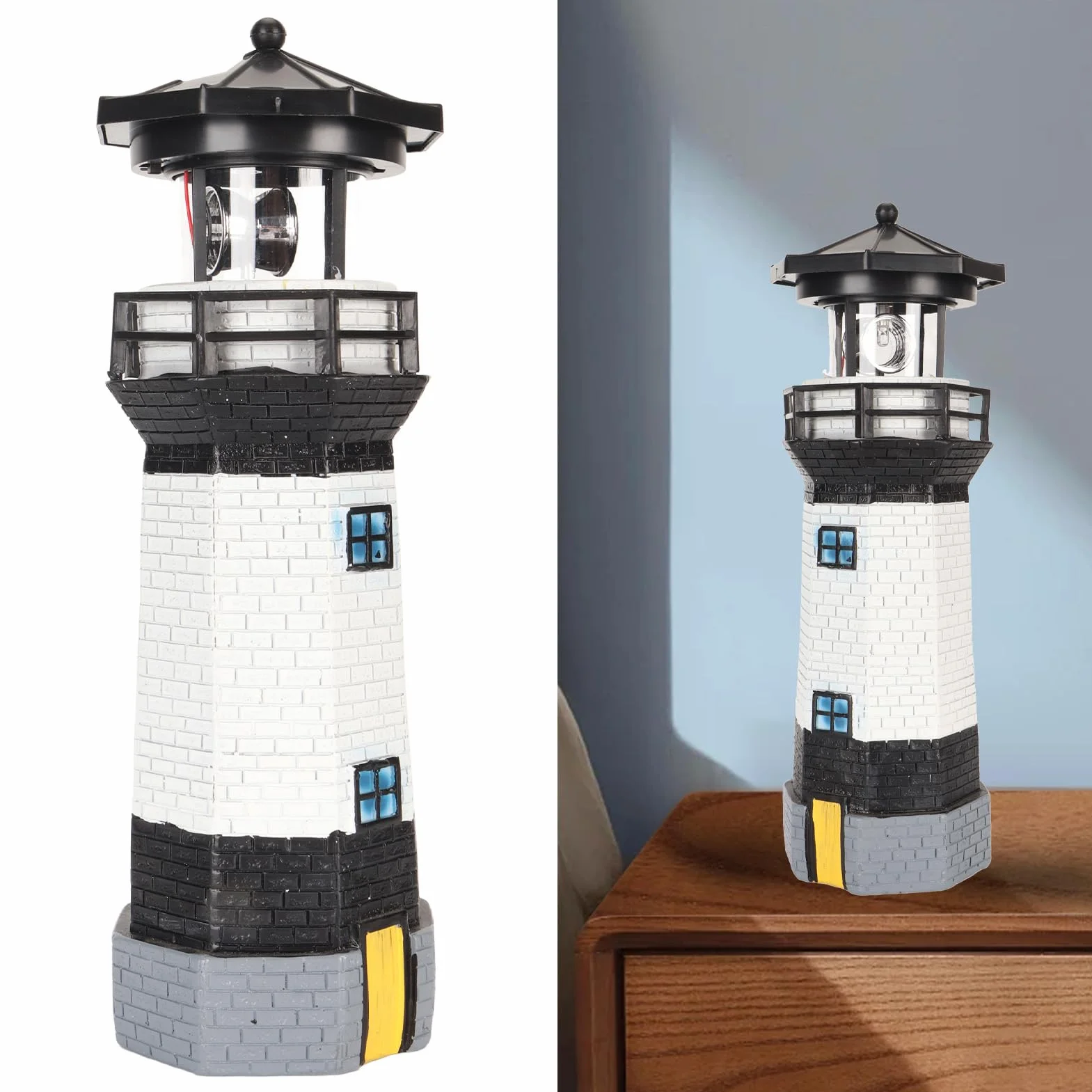 Solar Lighthouse 360° Rotating LED Garden Decoration Resin Black