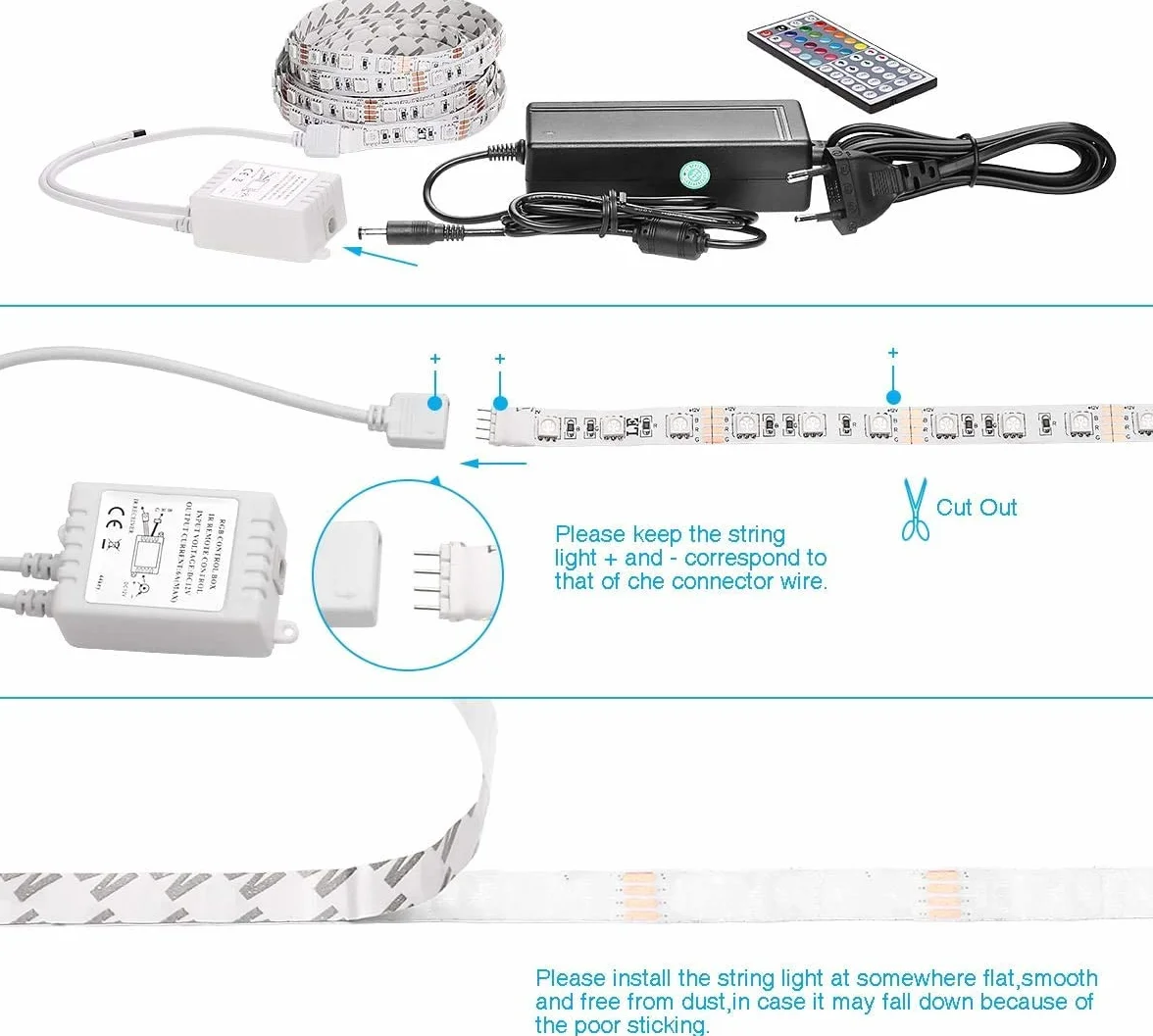 Bande LED RGB 5m 12V SMD 5050 300 LEDs Auto-Adhésif avec Télécommande