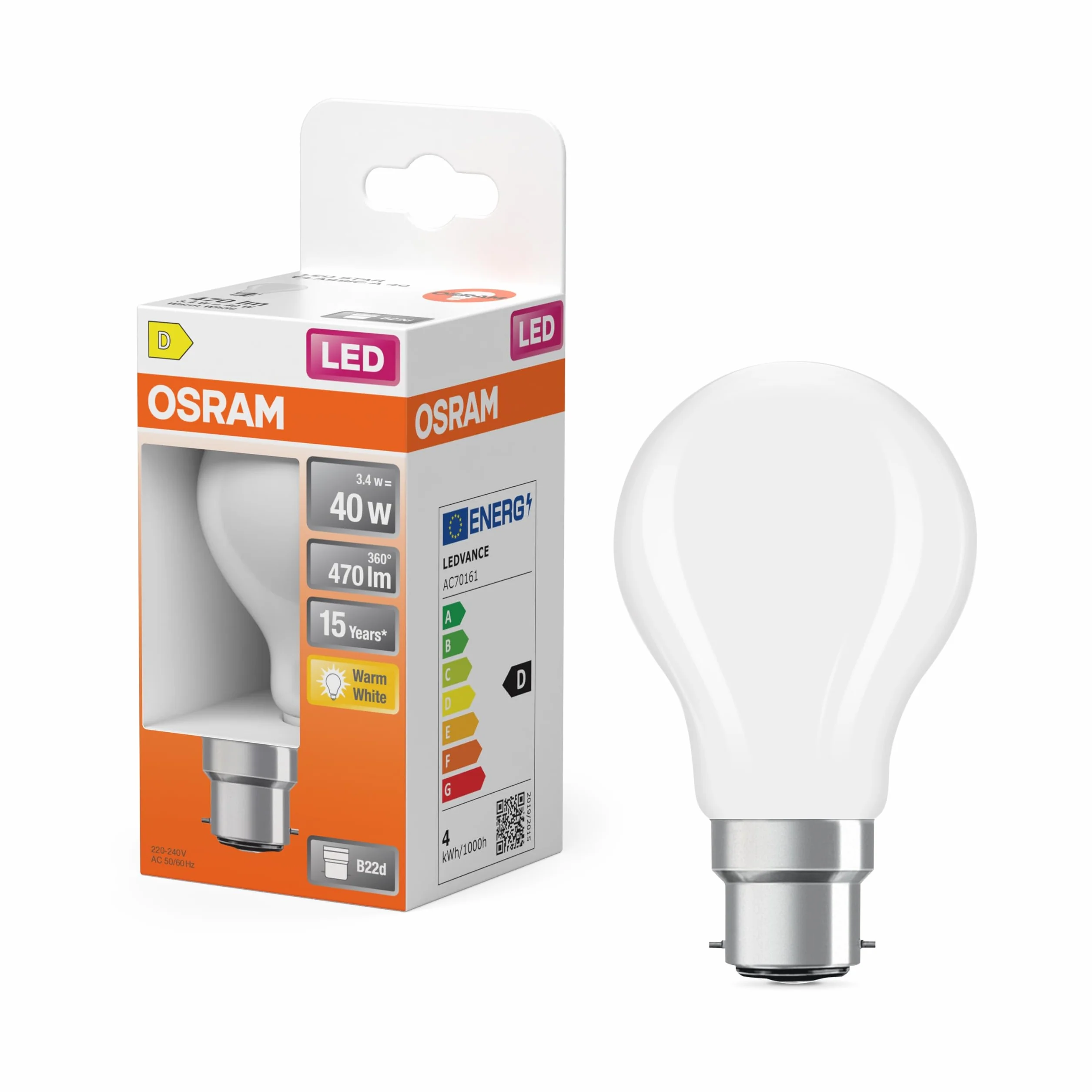 Osram Lampe LED A40 filament étoile 2700K blanc chaud 3,4W B22d 470lm dépolie