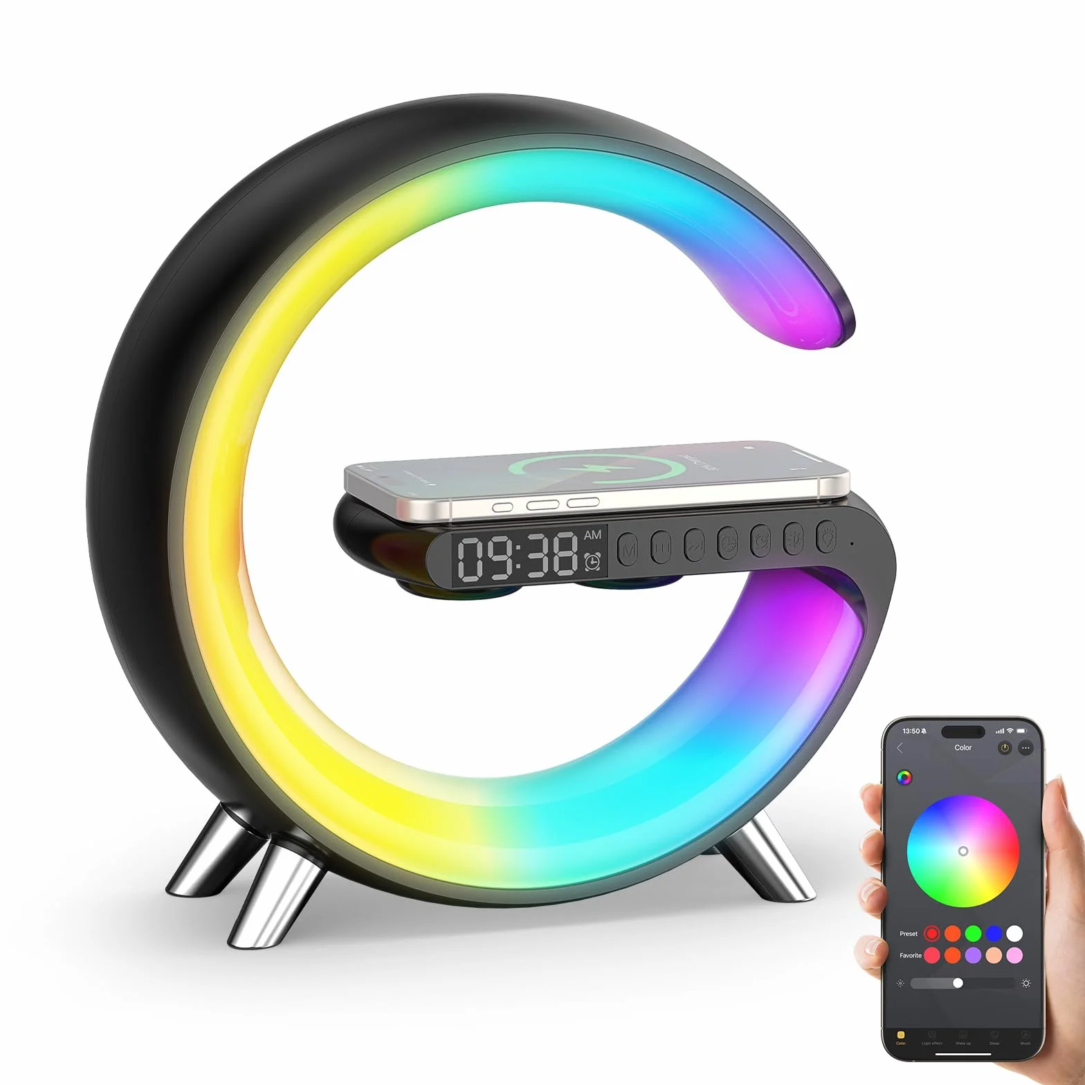 Smiling Shark Lampe Ambiance Réveil avec Charge Sans Fil Bluetooth Simulateur Aube Dimmable