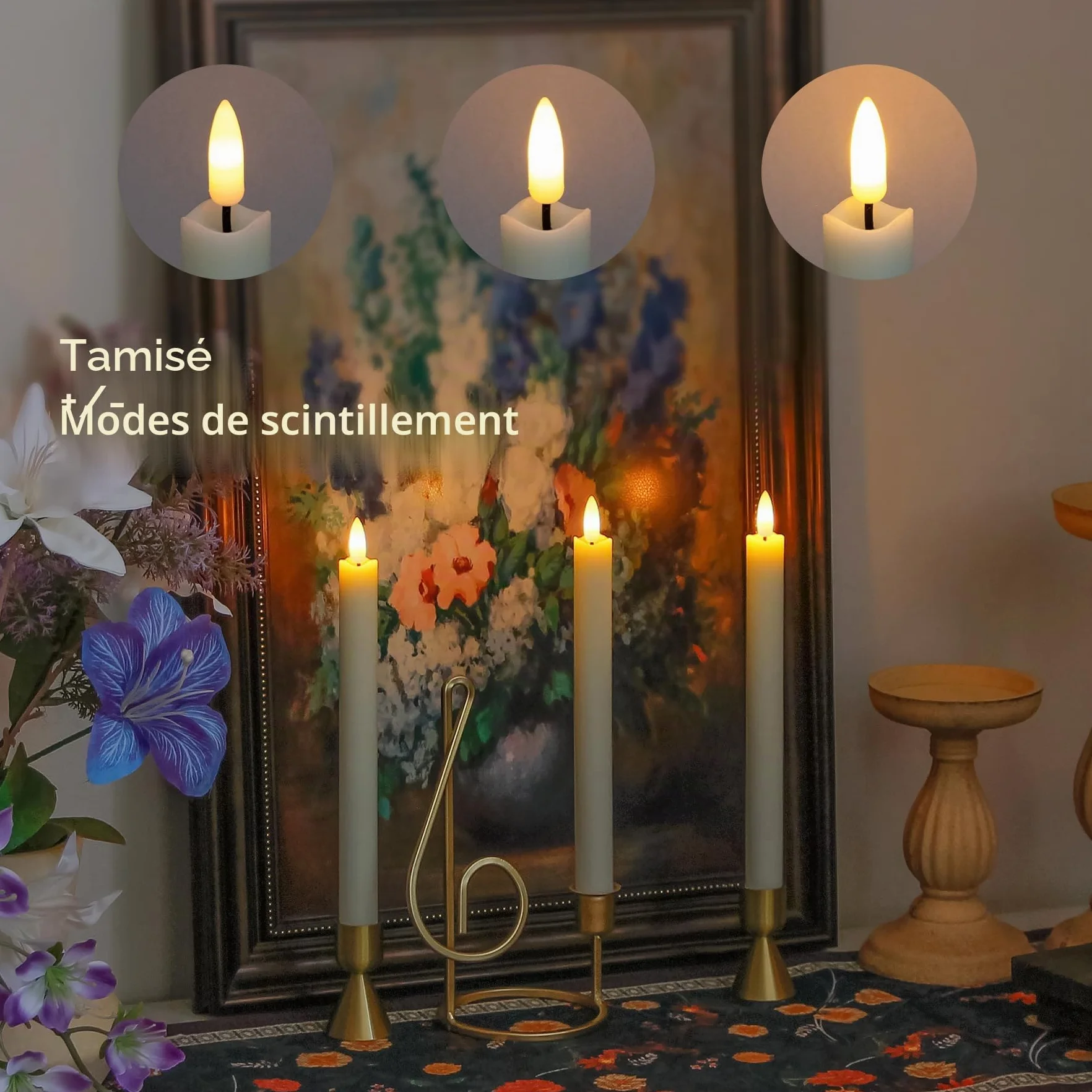 Bougies LED sans flamme avec minuterie, ivoire vacillantes sur piles, lot de 4 en cire véritable 25cm