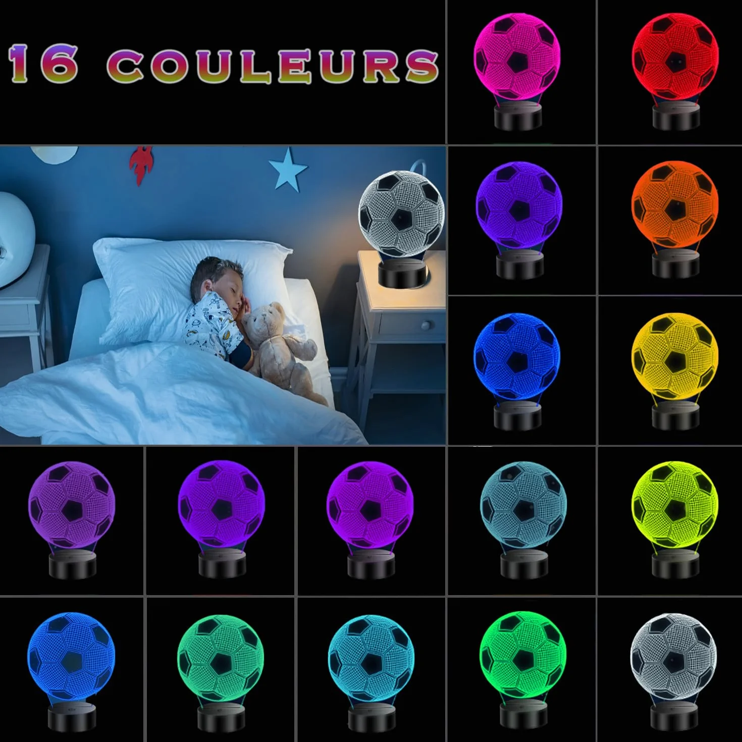 Lampe LED 3D Ballon de football Cadeaux originaux pour enfants 5-10 ans Lampe de chevet Piles Câble USB
