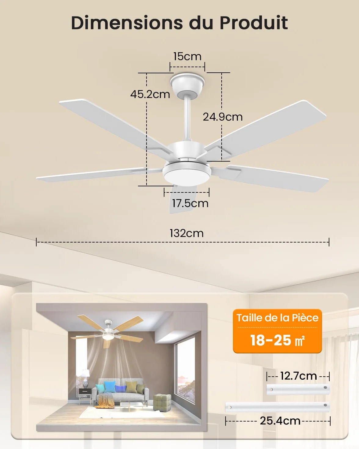 Ventilateur Plafond avec Lumiere 132cm Silencieux Reversible 2 Couleurs Pales LED Telecommande Exterieur