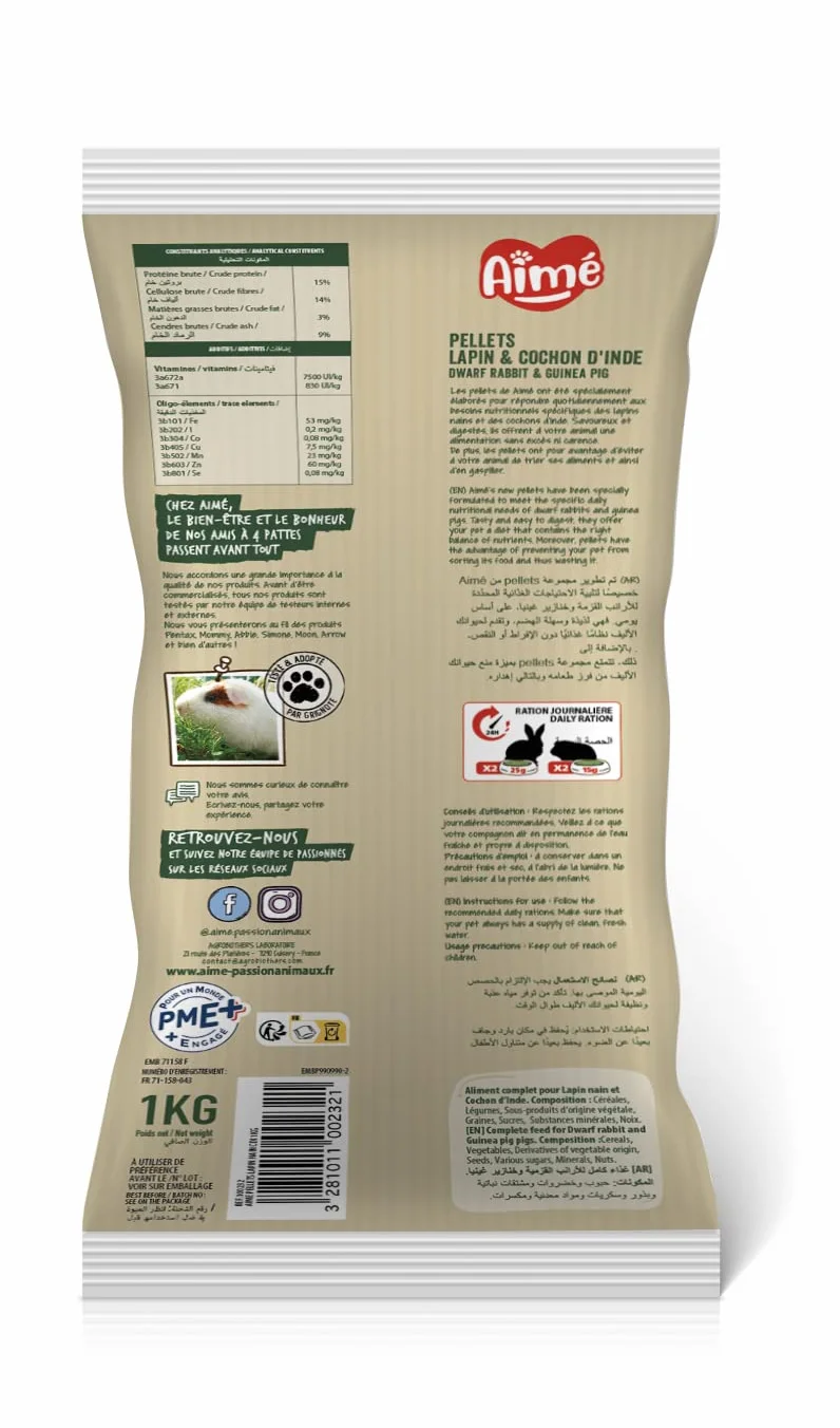 Aimé Granulés Lapin Nain et Cochon d'Inde 1kg Repas Complet Apports Nutritionnels Garantis