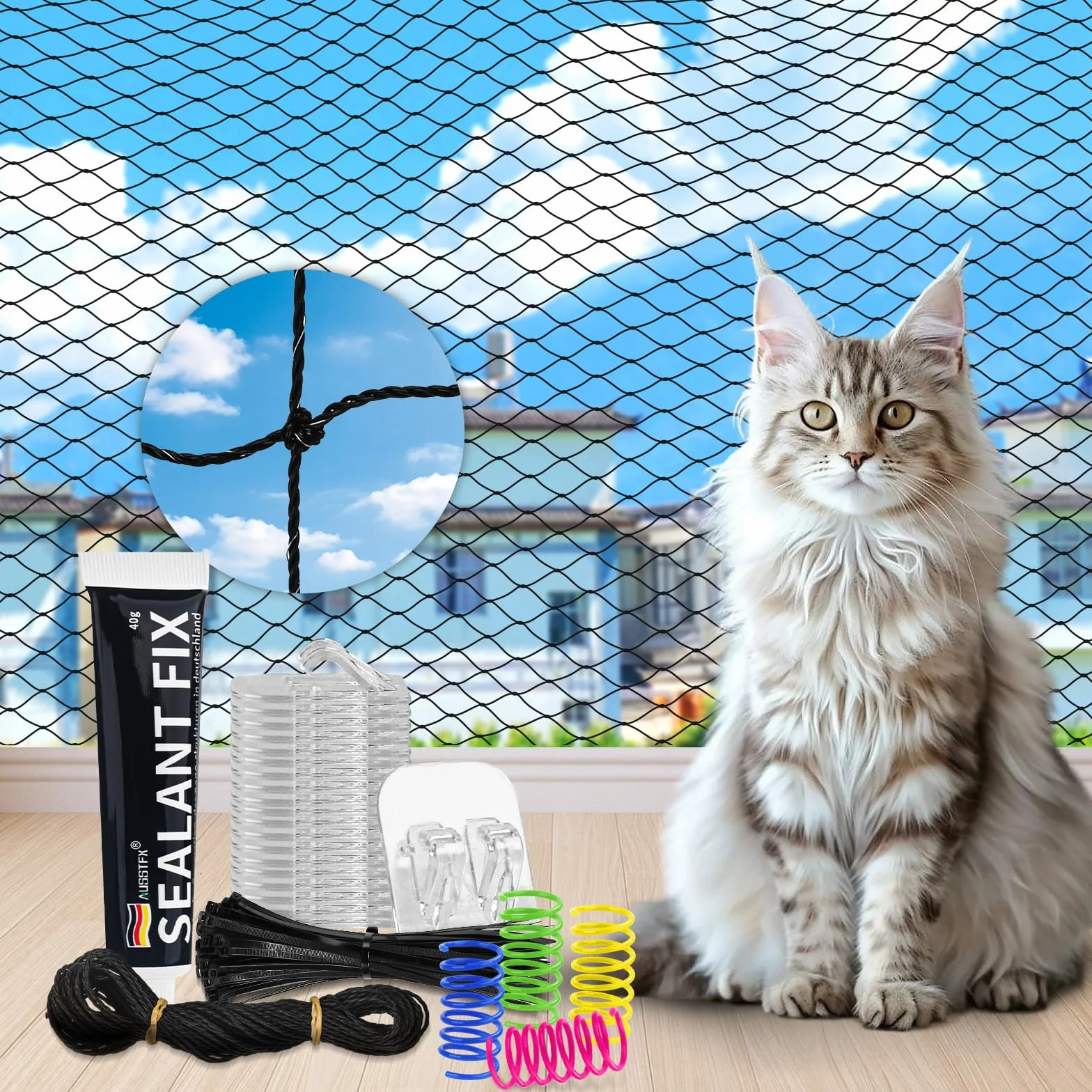 CENOVE Filet de Protection Renforcé Chat 3x4M Balcon Sécurité Anti-Chute avec Crochets