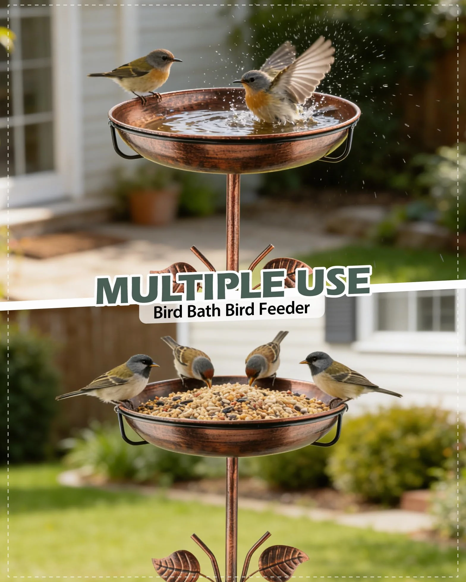 Bain d'oiseau en métal pour extérieur avec bol alimentateur 5 pinces