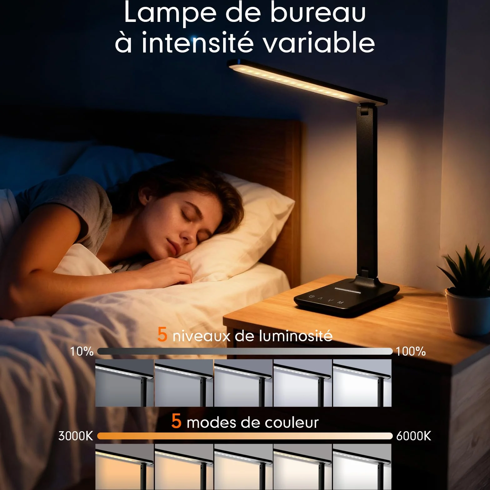 Lampe de bureau LED rechargeable 4000 mAh intensité variable 5 modes 5 niveaux de luminosité