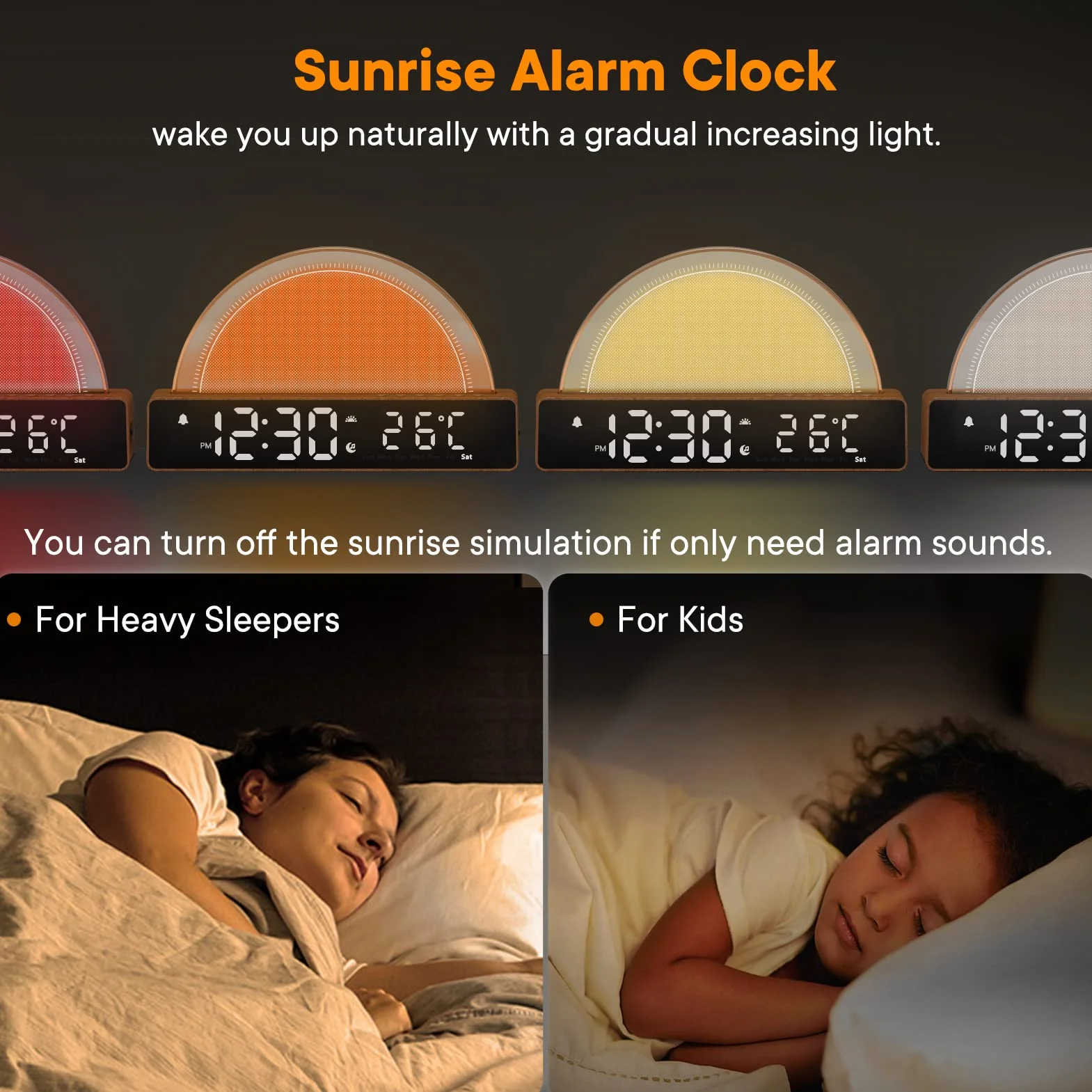 Réveil Lumineux Simulation Lever du Soleil Snooze 6 Sonneries 10 Sons Sommeil Minuterie Affichage Température 7 Couleurs Changeantes