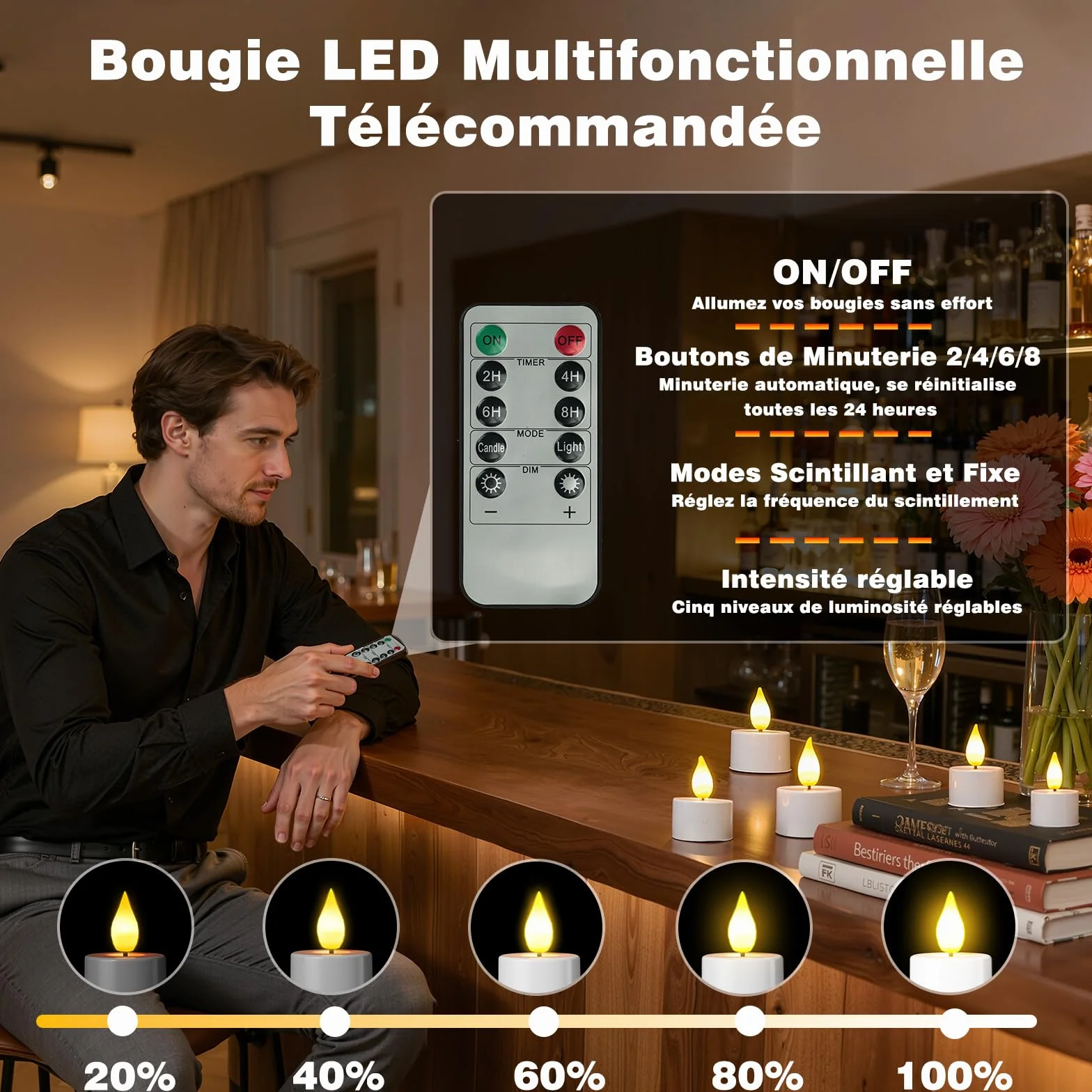 Bougie LED Rechargeable avec Télécommande et Minuterie, 100 Heures Fausse Bougie Flamme Vacillante, Décoration Noël Halloween