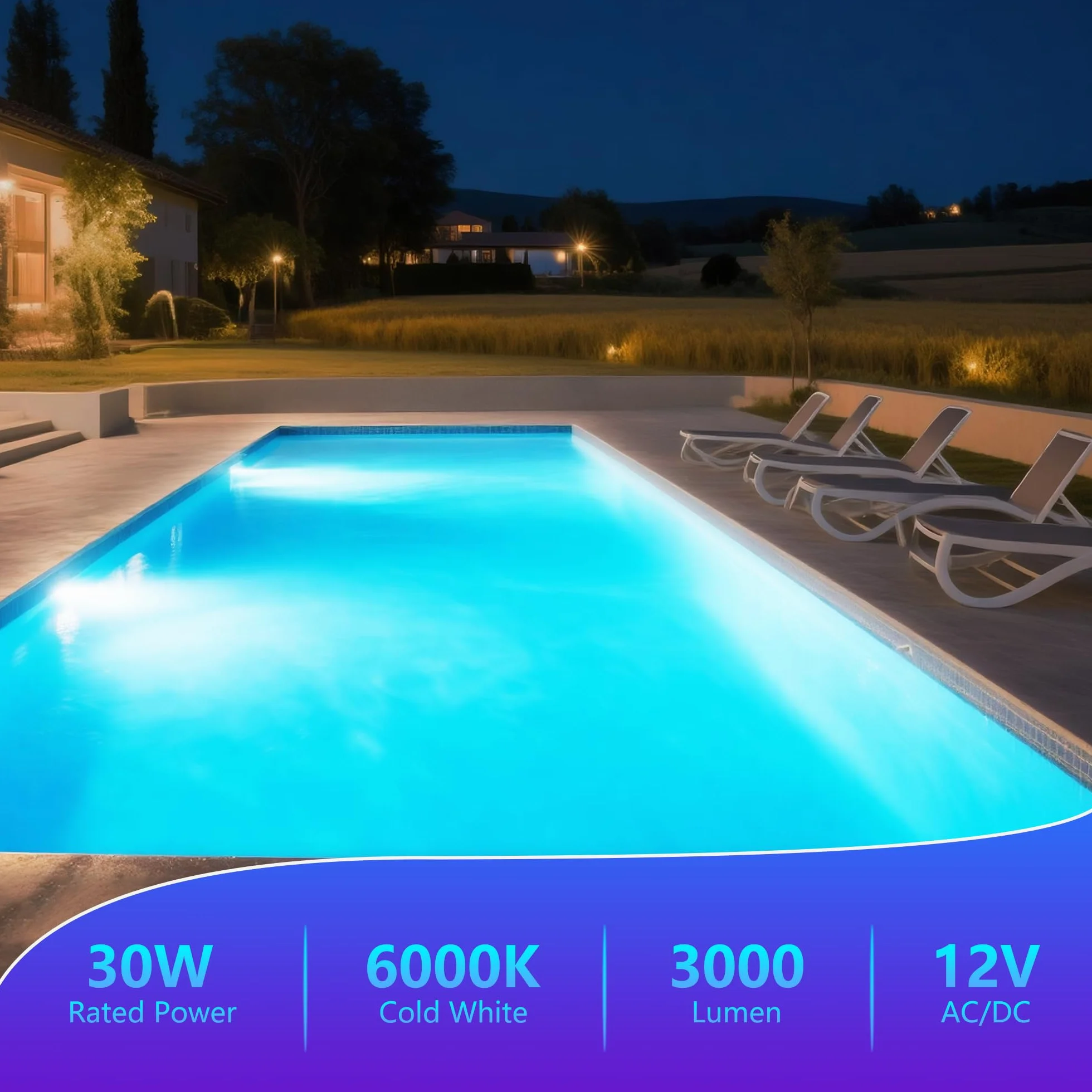 Projecteur Piscine LED PAR56 30W 3000lm IP68 Étanche 12V AC/DC Blanc Froid