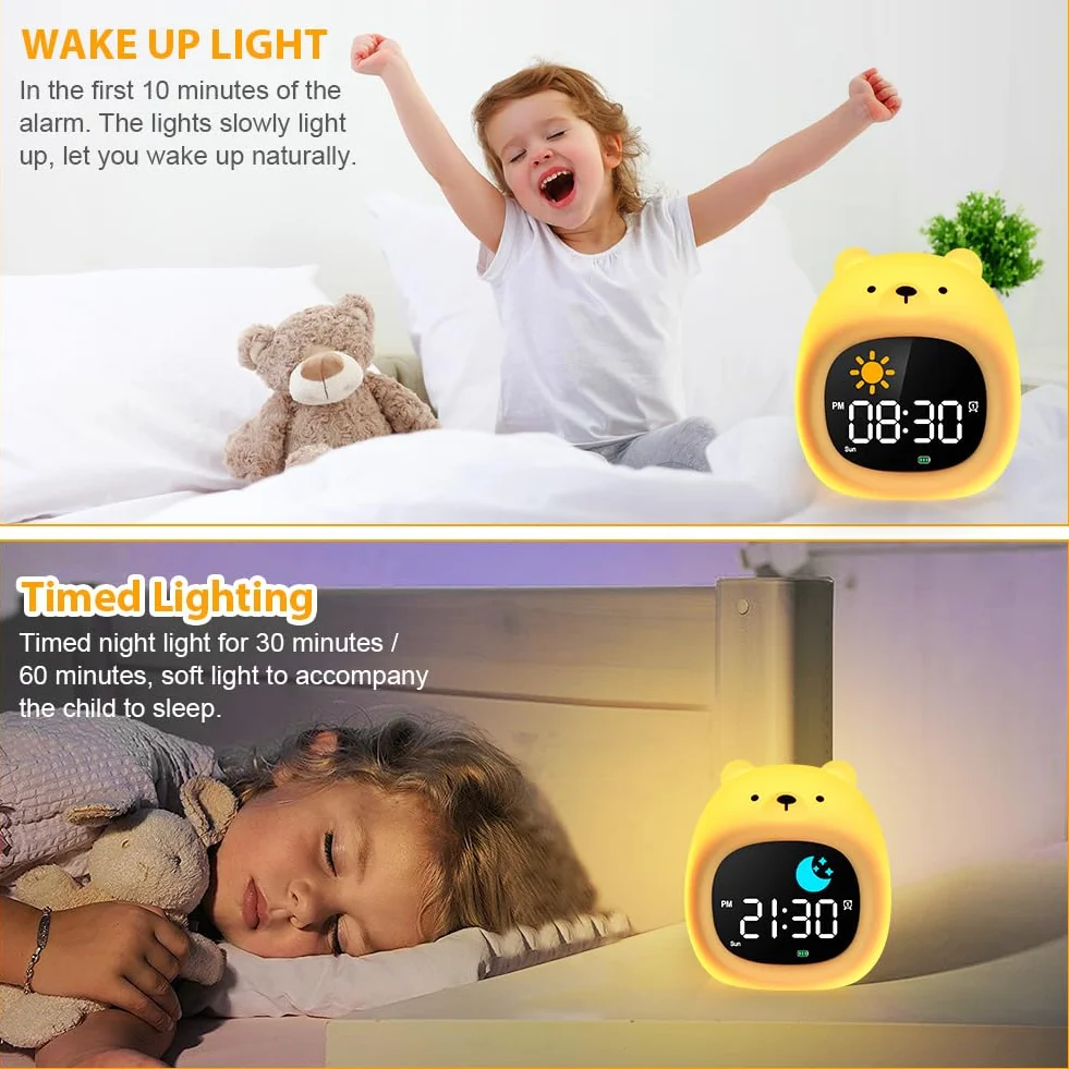 HOTUT Réveil Enfant Éducatif avec Affichage Lune et Soleil, Veilleuse RGB Couleurs, 2-10 Ans Ours
