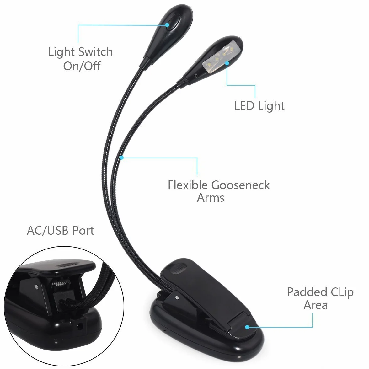 Lampe de Lecture Deux Têtes Liseuse Lampe Clip 8LED 2 Mode Luminosité Réglable 360° Cou Flexible Portable Veilleuse