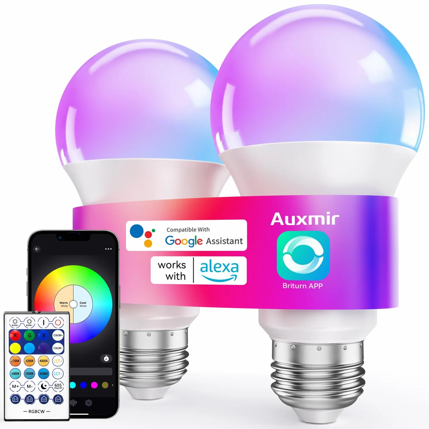 Ampoule Connectée WiFi LED E27 Multicolore 2700K-6500K 10W 800LM Compatible Alexa Google Home 16 Millions Couleurs Dimmable 2 Pack
