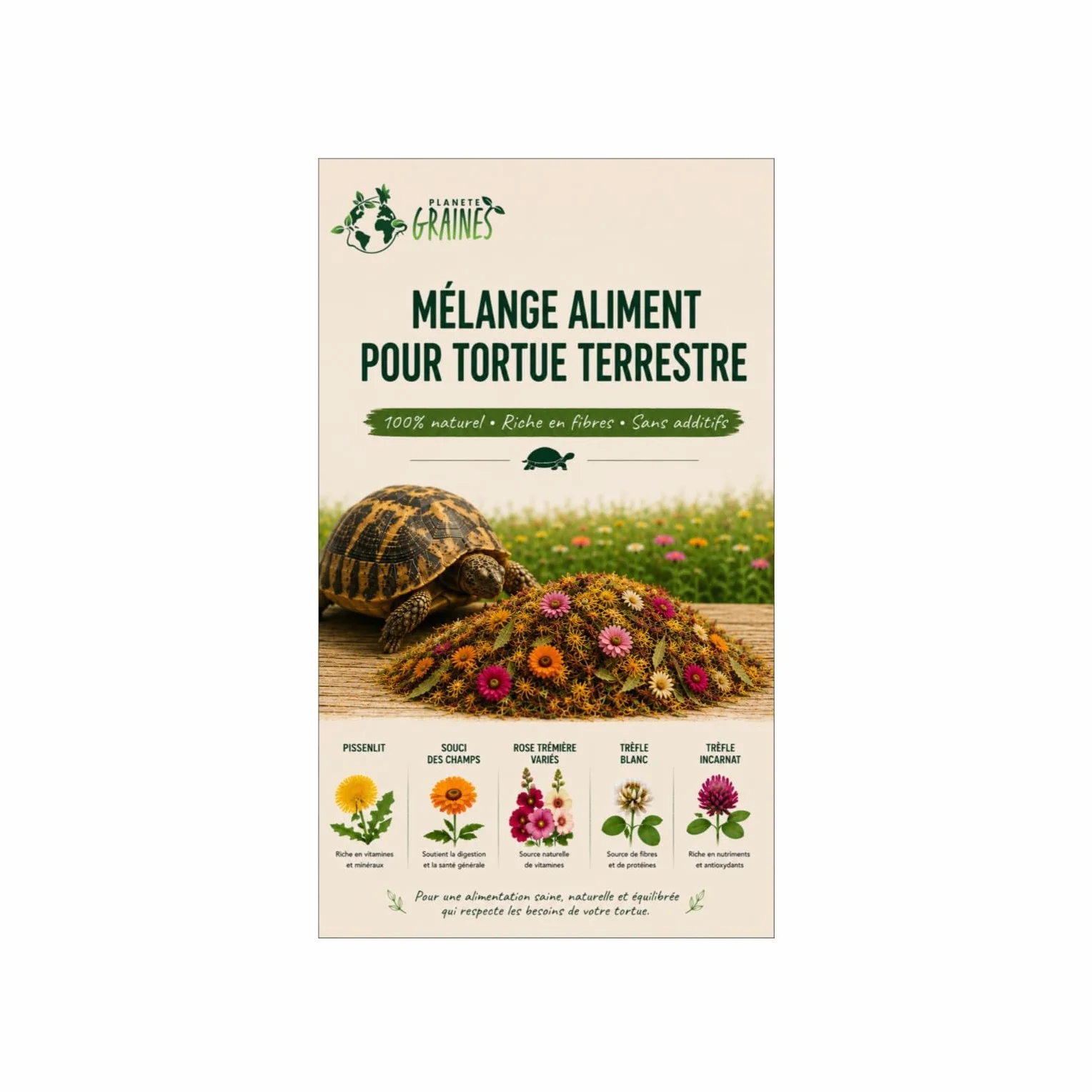 Mélange Alimentaire Tortue Terrestre 200 Graines Pissenlit Trèfle Rose Trémière Souci