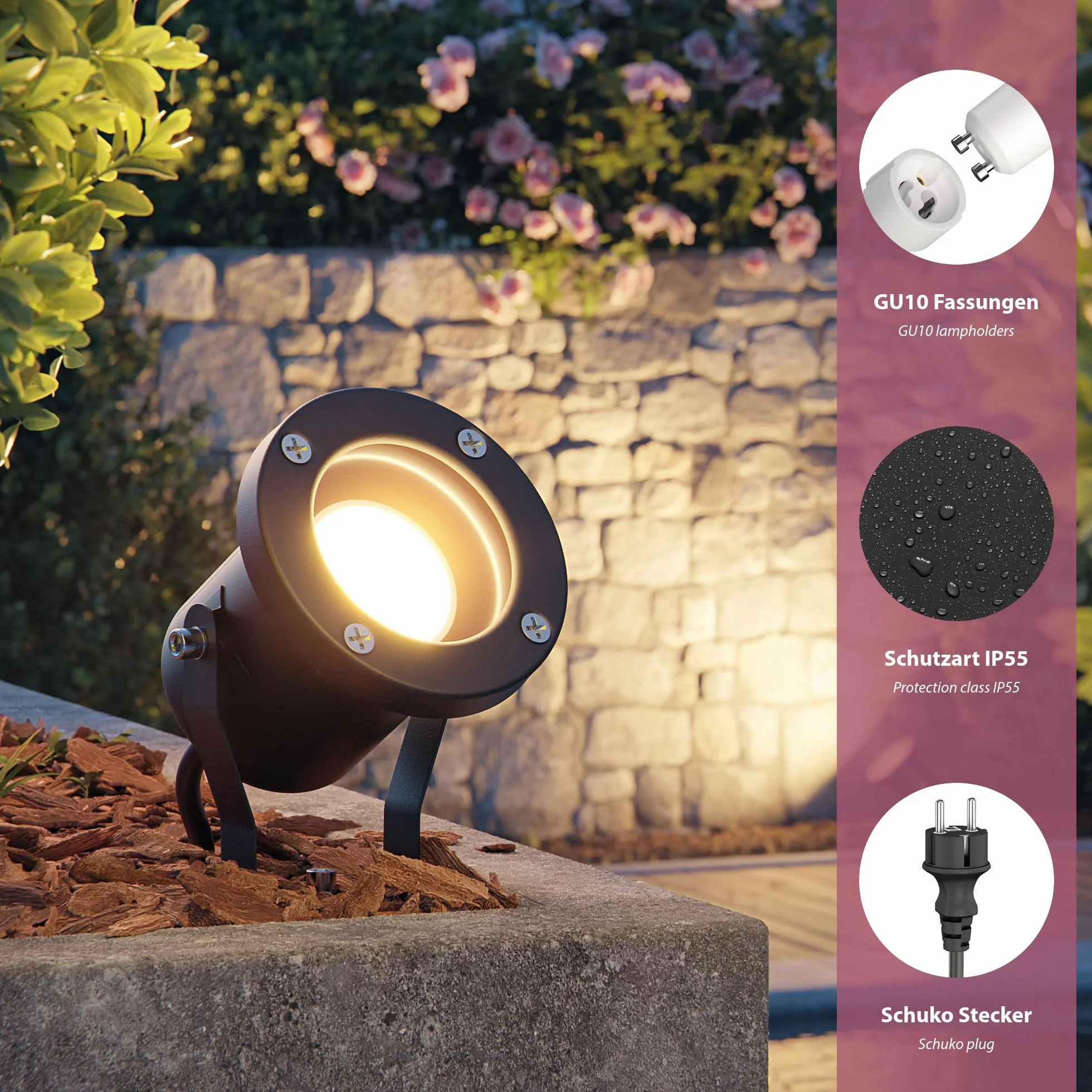 ledscom.de MIBU Projecteur de jardin acier inoxydable noir ampoule LED Smart Home RGBW GU10 5,41W 473lm